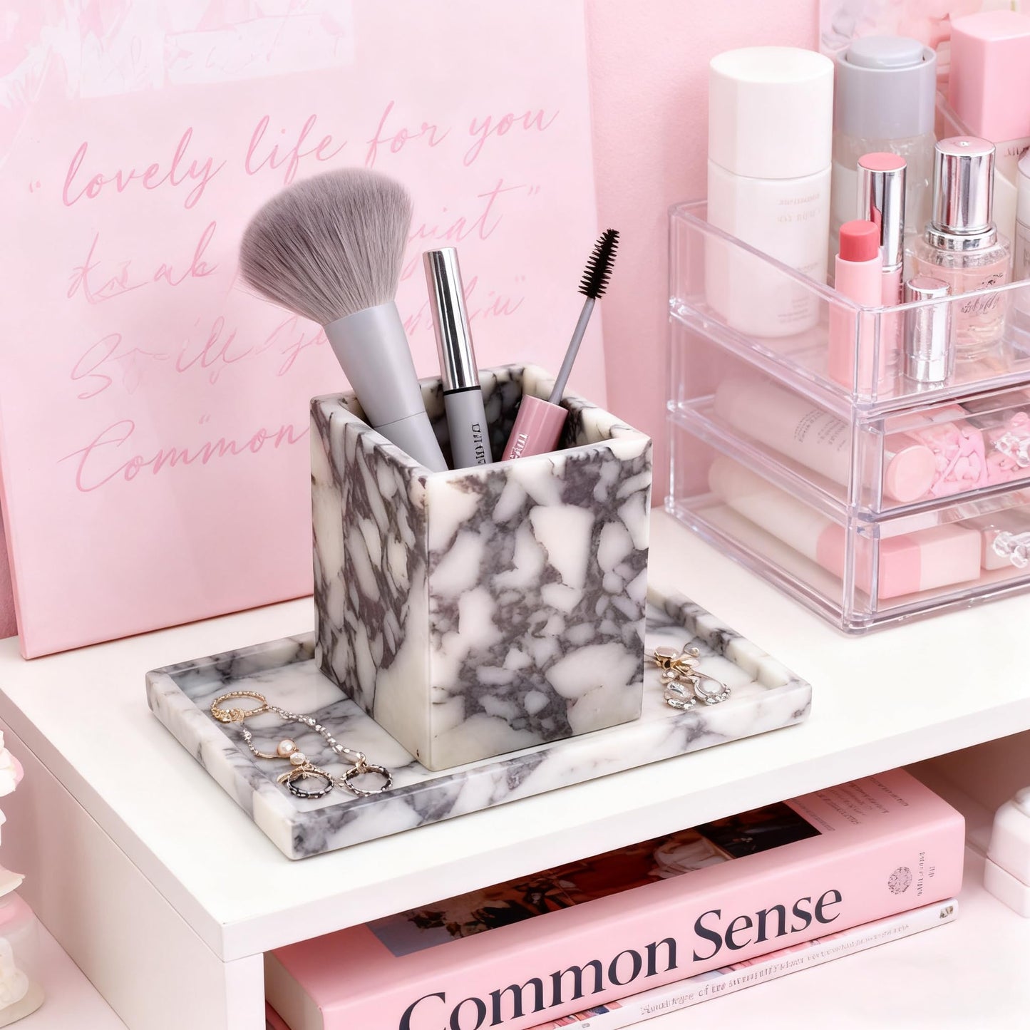 Artisanal Abode Marble Pen Holder, White Stone Rectangular Desktop Organizer, Office Study Makeup Brush Storage, Home Desk Decor, Minimalist Design, Durable Marble Accessory
