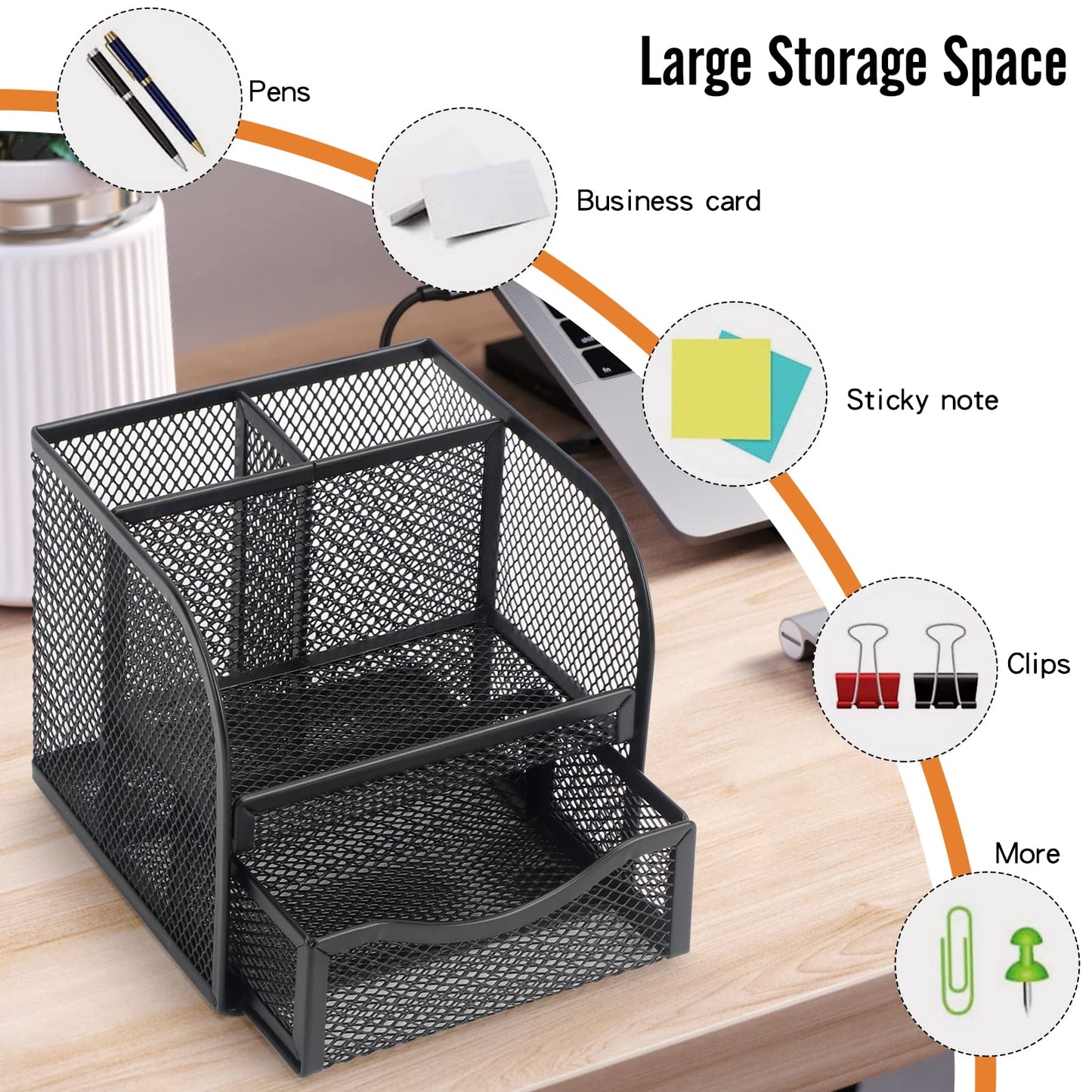 BiSiViO Mesh Desk Organizer, Metal Pencil Holder, Pen Holder for Desk with Drawer, Desktop Accessories, Multi-functional Caddy Pen Organizers with 3 Compartments for Office Art Supplies - Black