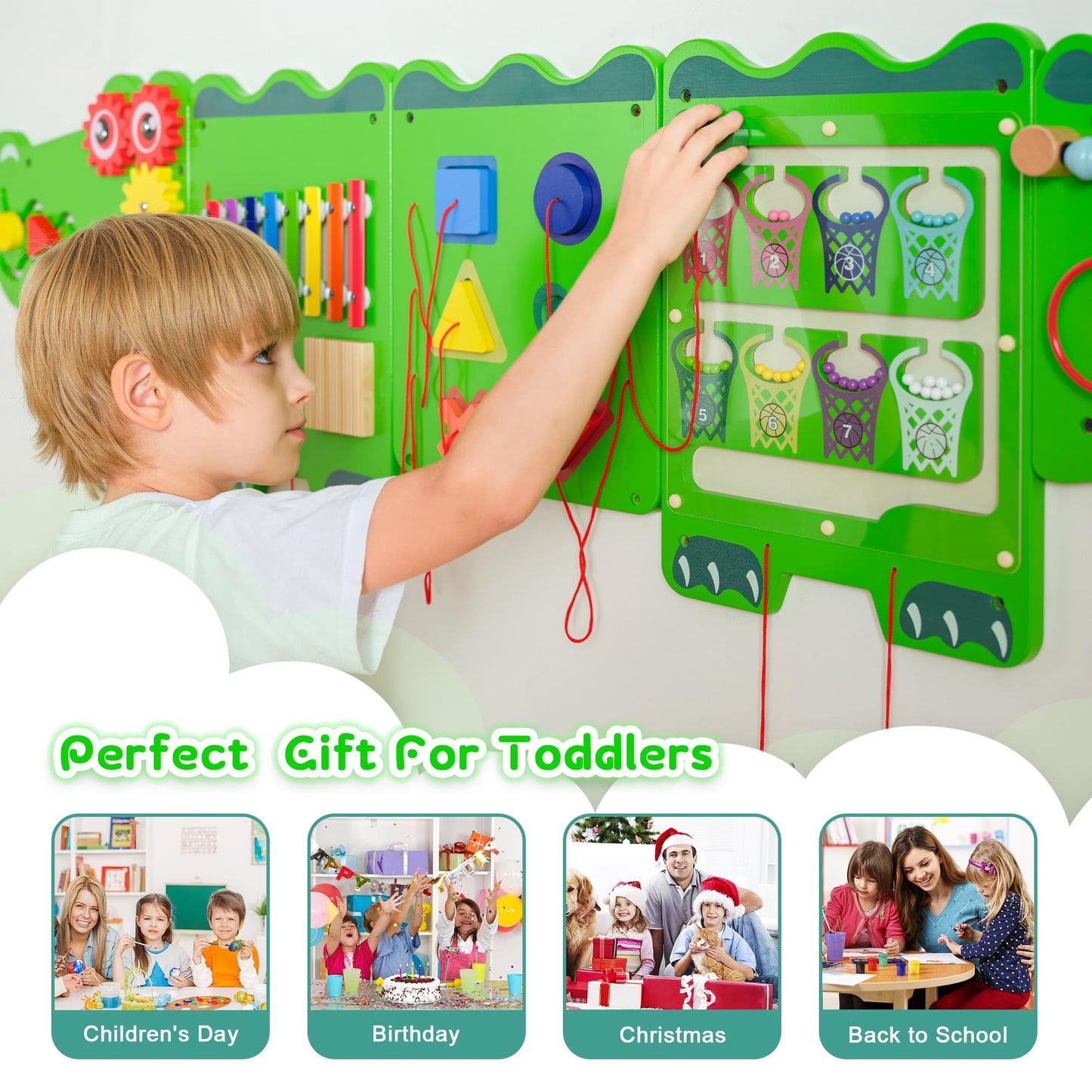 nigwet Crocodile Sensory Toys Activity Wall Panels, Educational Montessori Busy Board for Toddlers, Activity Cube - Sensory Wall, Wooden Learning Toys, Interactive Toy-Green