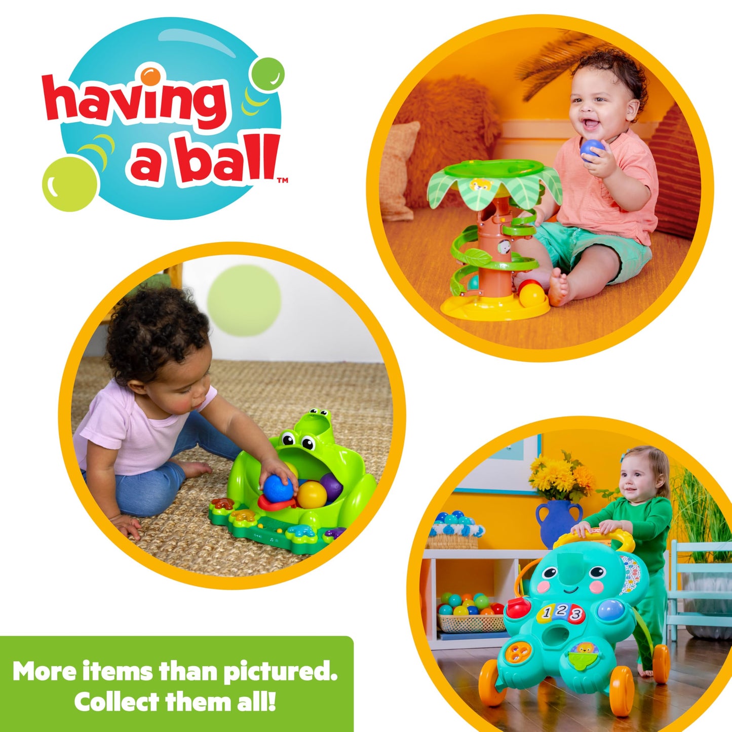 Bright Starts Stroll 'n Roll 2-in-1-Ball Push Walker – Includes 3 Toy Balls, Elephant with 70+ Songs & Sounds, 7 Activities - Ball Drop, Piano, Spinner, Flip Book & More