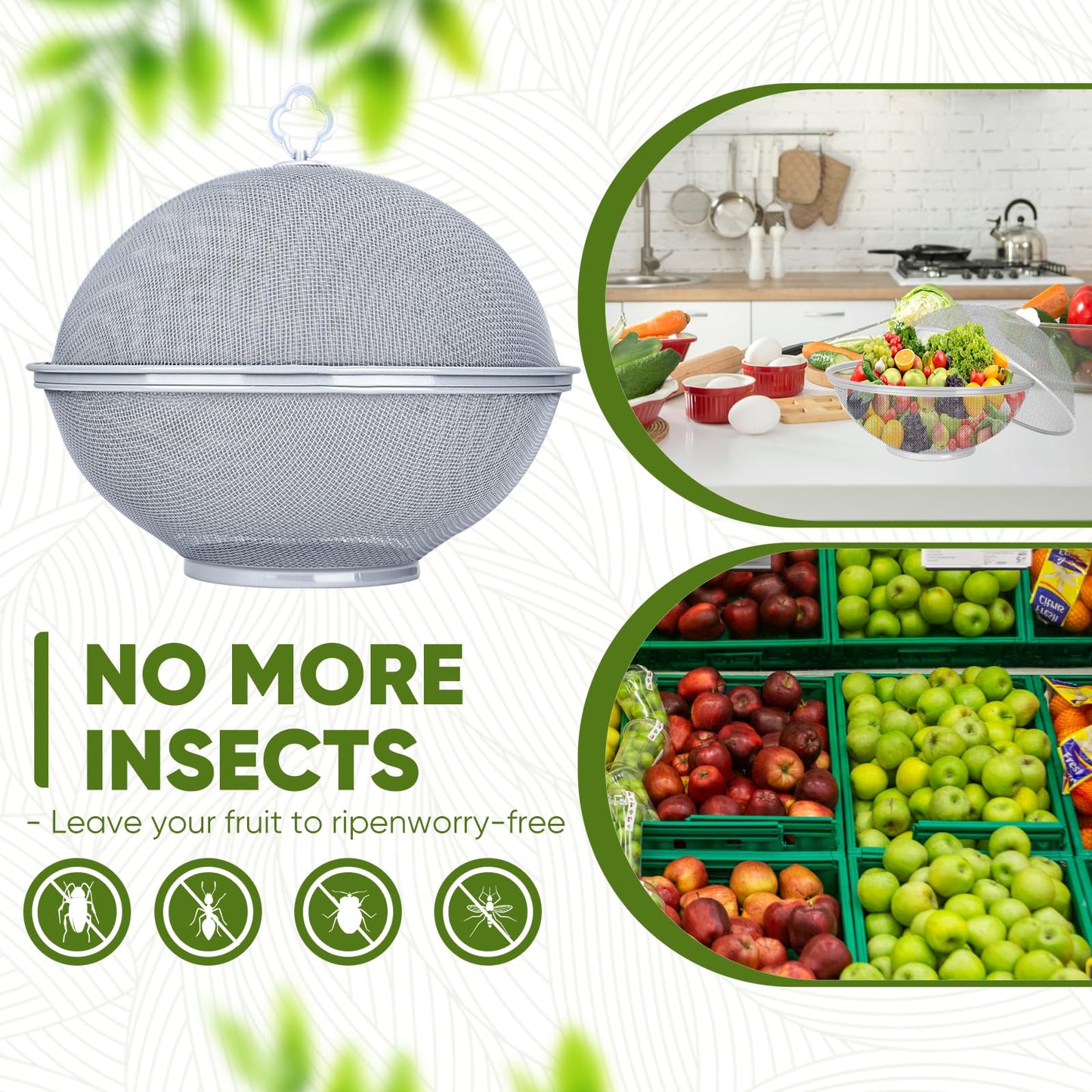 Metal Mesh Fruit Bowl with Lid & Basket - Fruit Fly Proof Kitchen Counter Storage for Fruits & Veggies (Black/2PCS)