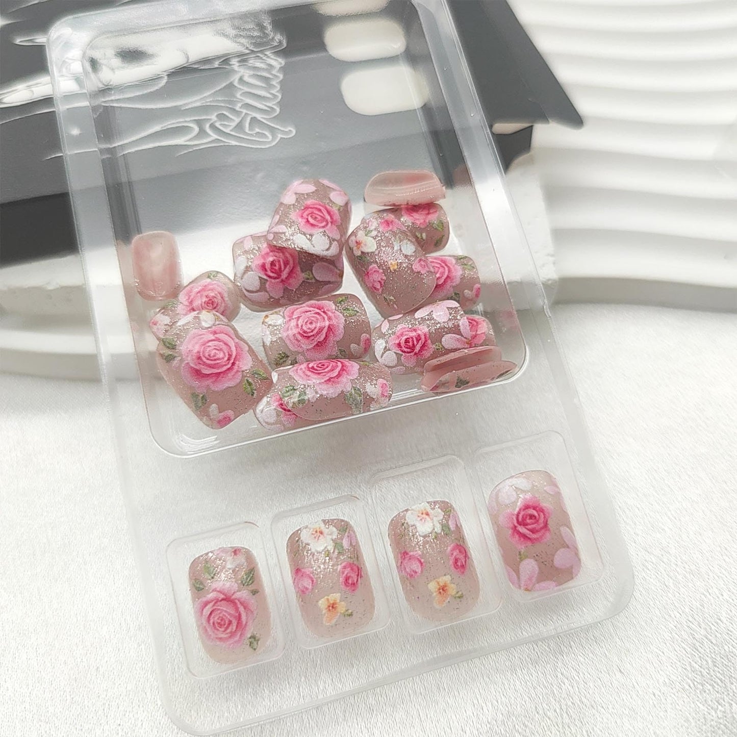 Floral Press on Nails Short Square Fake Nails with Flower Glitter Designs Cute Nails Press ons Pink Glue on Nails Glossy Acrylic Nails Summer Stick on Nails for Women 24Pcs