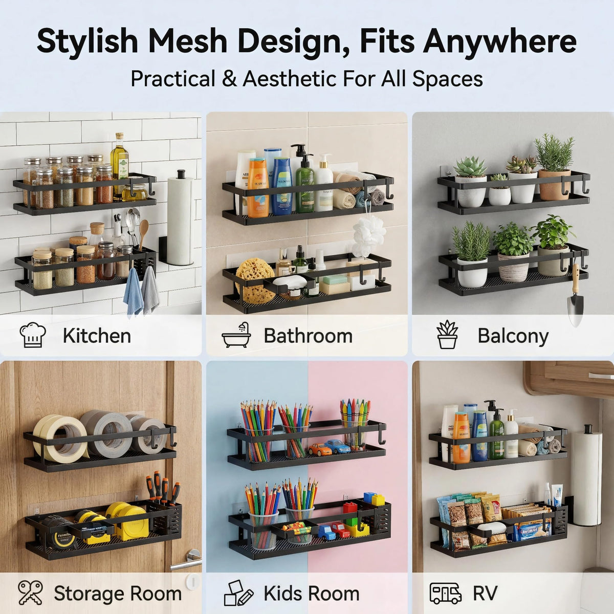 5-in-1 16.5" Extra Long Kitchen Organizer & Shower Caddy Set, Wall Mount Spice Rack with Paper Towel Holder, Utensil Holder & Soap Dish, Rustproof Mesh - Matte Black, Guardrail