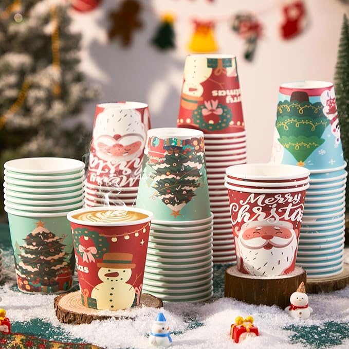 SIUQ 100 Pack 10 oz Christmas Disposable Coffee Cups, Thickened Christmas Paper Cups for Hot/Cold Beverage, Tea, Coffee, Hot Chocolate, Xmas Party Cup Ideal for Home, Cafes, Store, Holiday