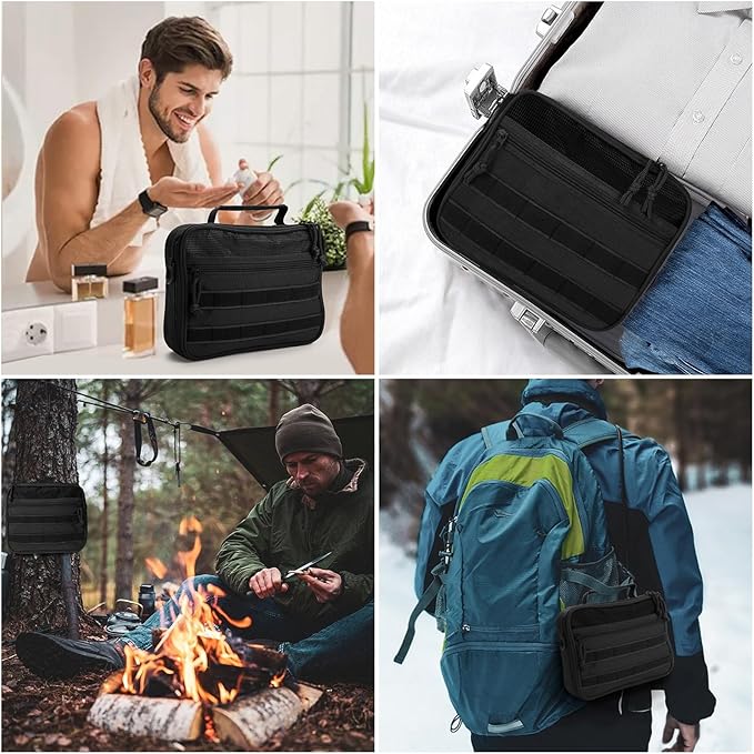 Tactical Travel Toiletry Bag for Men and Women, Hanging Travel Toiletries Organizer Dopp Kit, Toiletry Shaving Hygiene Bag,Bathroom Essentials Men's Toiletry Bag for Short Trips Camping - Black