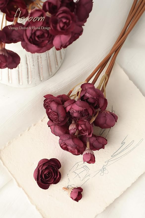 Floroom Ranunculus Artificial Flowers 18 Pcs Burgundy Faux Silk Mini Ranunculus Bulk Fake Wedding Filler Flowers for DIY Red Bouquets, Centerpieces, Bridal Shower Decorations & Arrangements