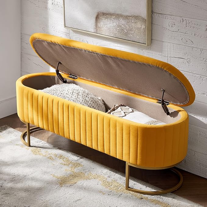 EcoHarbor Living 50.5" Bedroom Velvet Storage Bench,Upholstered End of Bed Bench with Gold Legs,Entryway Footrest Seat, Mustard