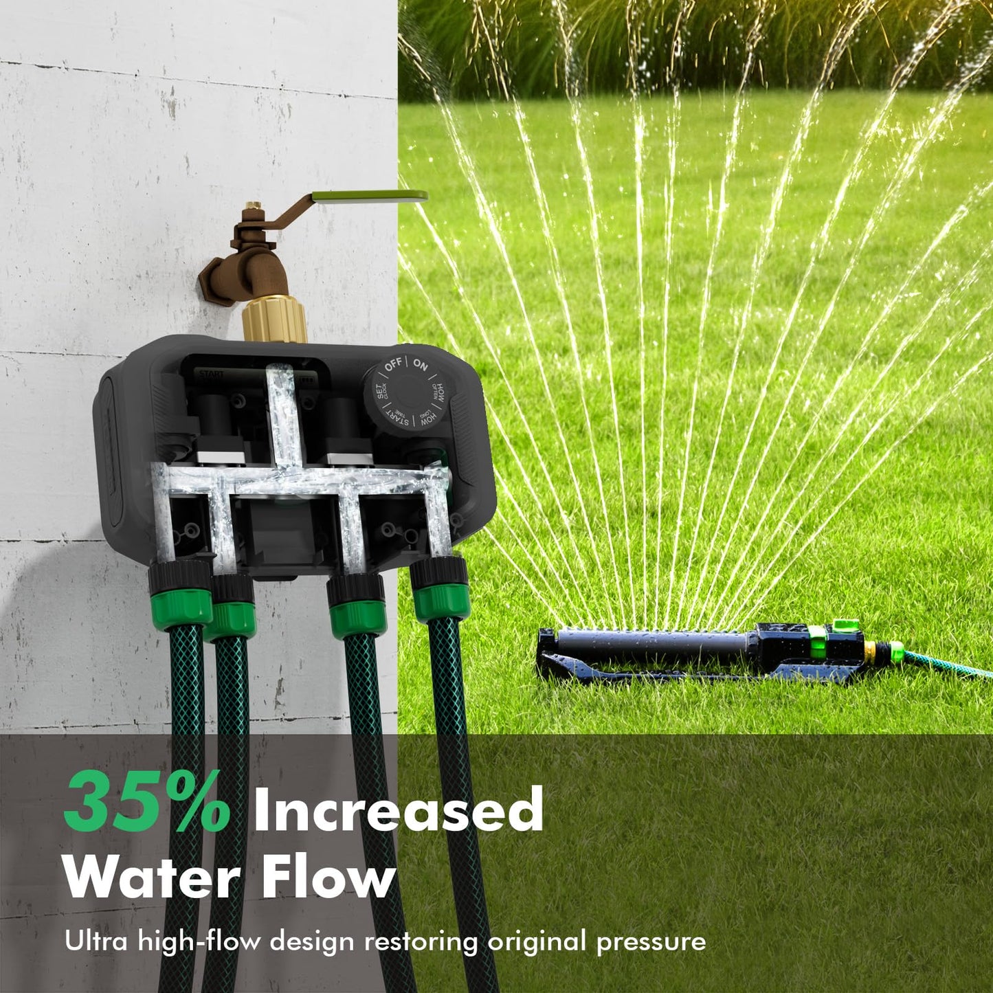 RESTMO Sprinkler Timer for Outdoor Hose Faucet 4 Zone, Up to 11h59m Programmable Watering Timer for Soaker Hose, Misting with Brass Inlet & Large Dial, Rain Delay/Manual/Automatic Irrigation System
