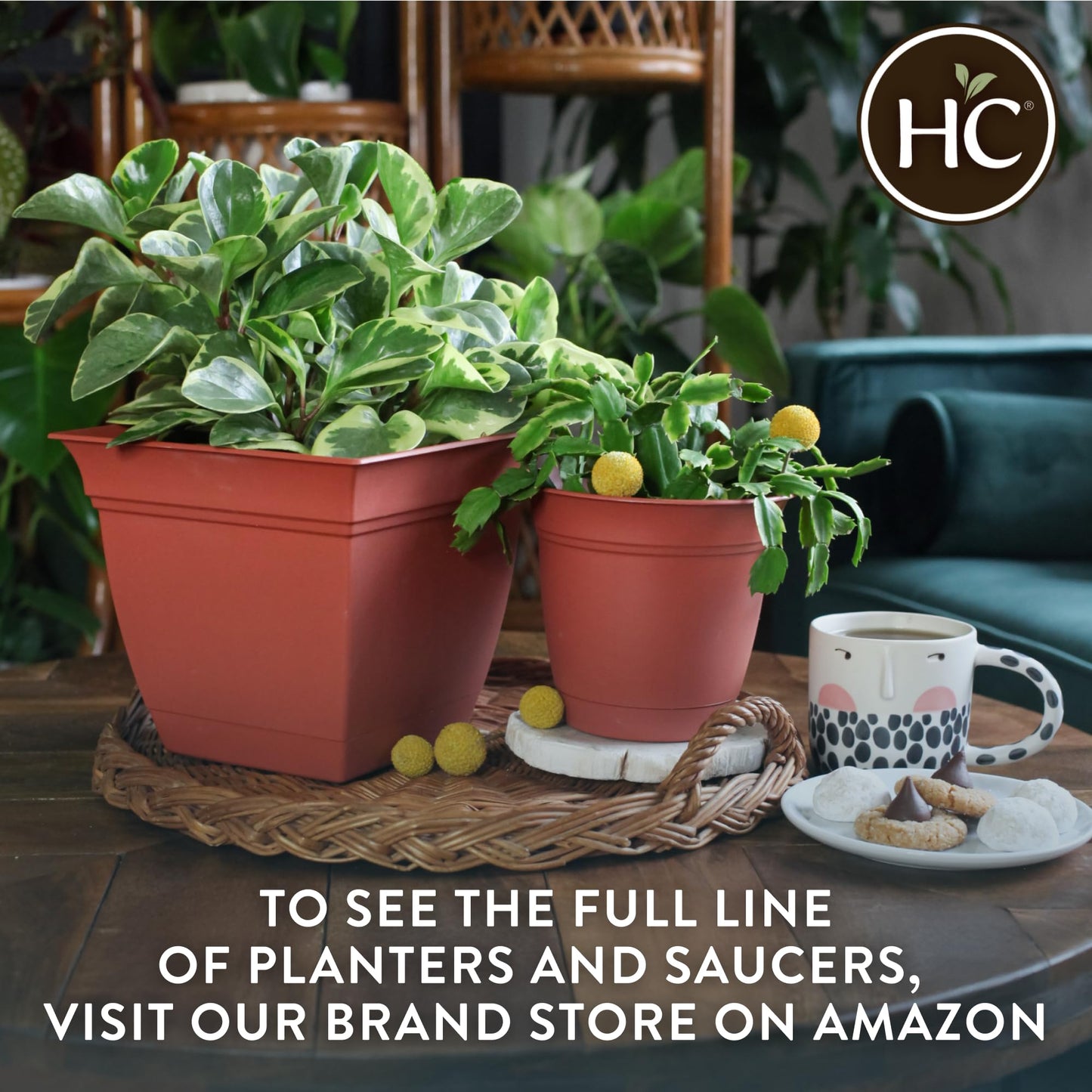 The HC Companies 6 Inch Eclipse Round Planter Pots with Drainage Holes & Attached Saucer, Lightweight UV-Resistant Plastic Indoor Outdoor Planters, 4-Pack Flower Pots for Garden & Home Decor, Seafoam