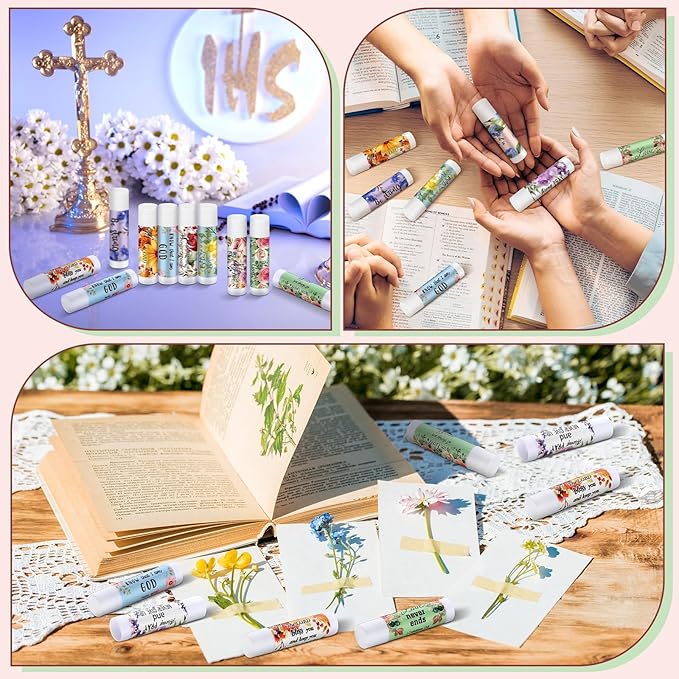 50 Pack Christian Religious Gifts Bulk Lip Balms for Women Men Church Party Favors Bulk Bible Verse Lip Balm with Scripture Inspirational Gifts for Coworkers Staff Employee (Christian Floral)