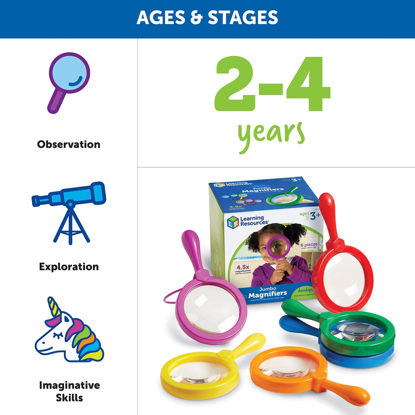 Learning Resources Jumbo Magnifiers - 6 Pieces, Ages 3+ Toddler Learning Toys, Exploration Toys for Kids, Magnifiers for Kids