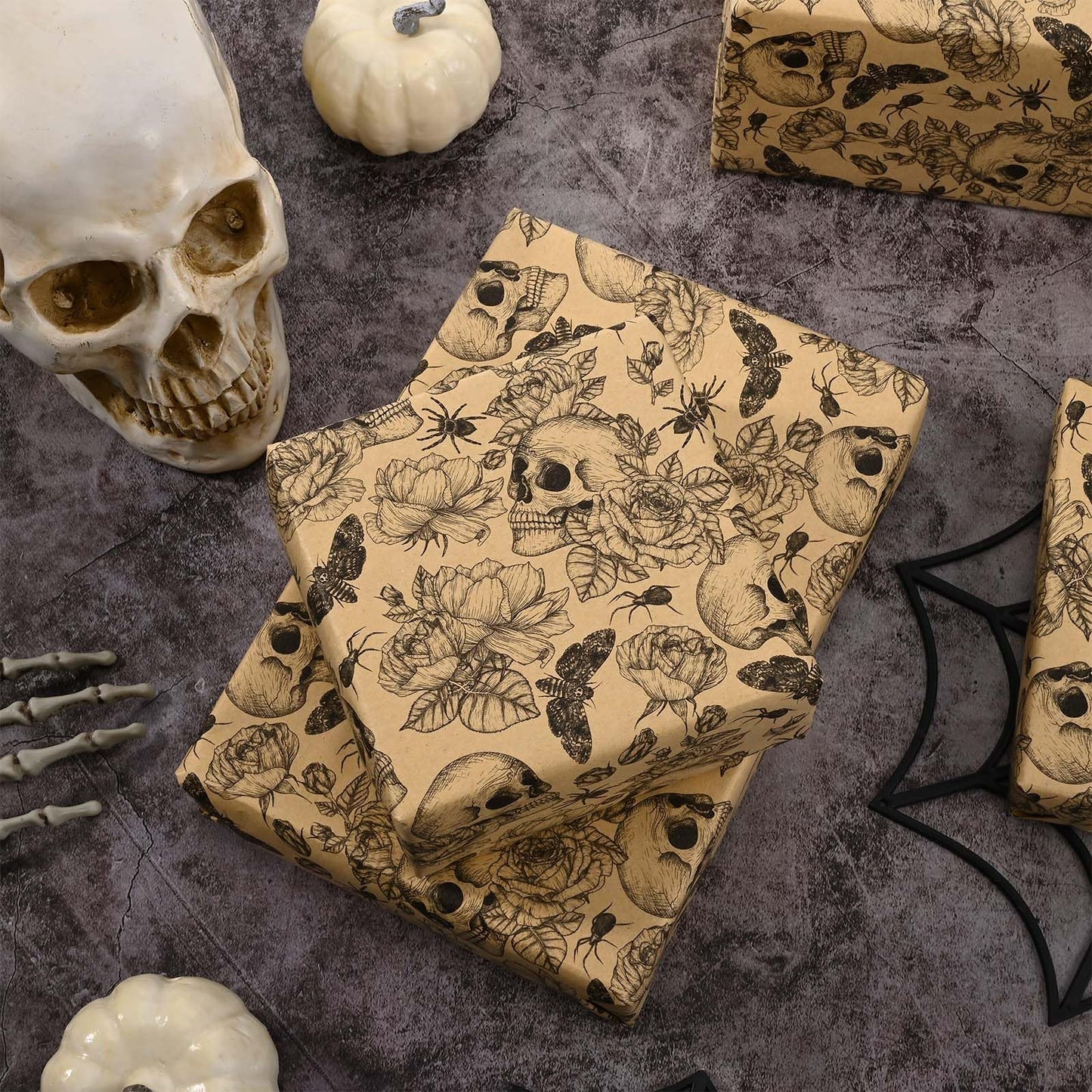 Bolsome Kraft Skull Wrapping Paper Goth Rose Skull Patterned Gift Wrap Paper Roll for Halloween Party Baby Shower Birthday Party Packaging Supplies, 17 Inches × 33Ft