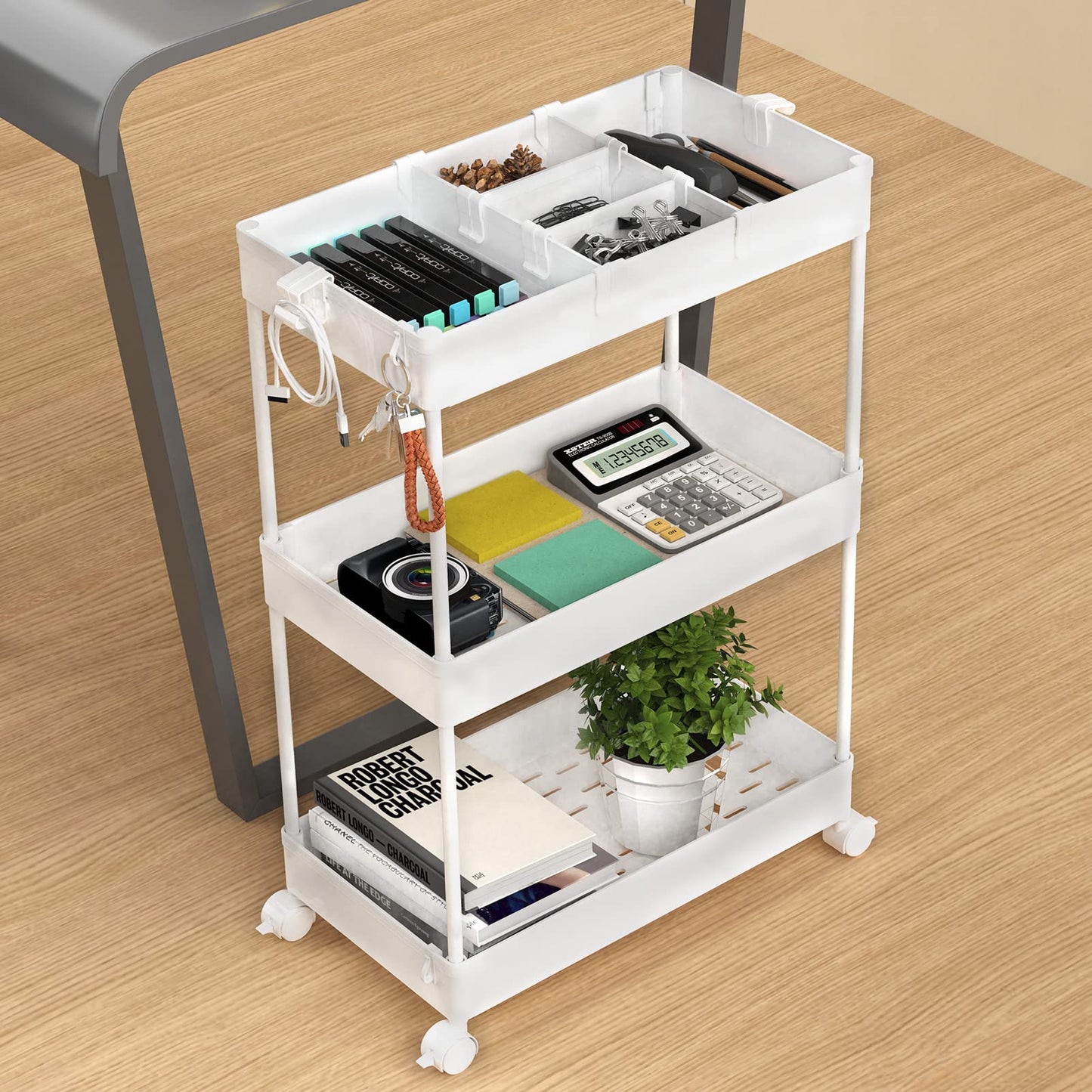 SPACELEAD 3 Tier Rolling Cart with Wheels, Storage Craft Art Trolley Organizer Serving, 3 Hanging Baskets Easy Assembly, for Office, Bathroom，Living Room, Kitchen, White