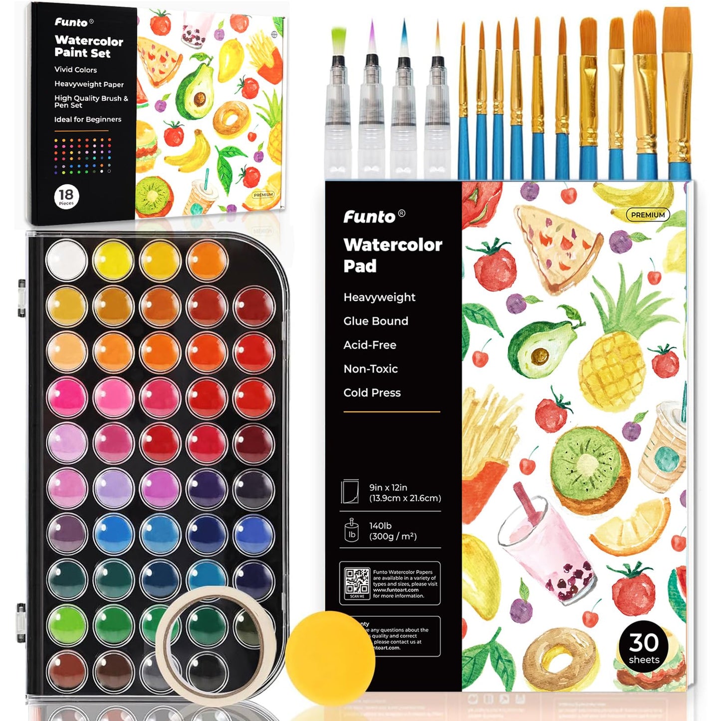 Funto Watercolor Set, 48 Color Paint Set, 10 Brushes, 30 Page Pad(9"x12"), 4 Refillable Pens & More, Painting Kit for Kids, Adults, Beginners