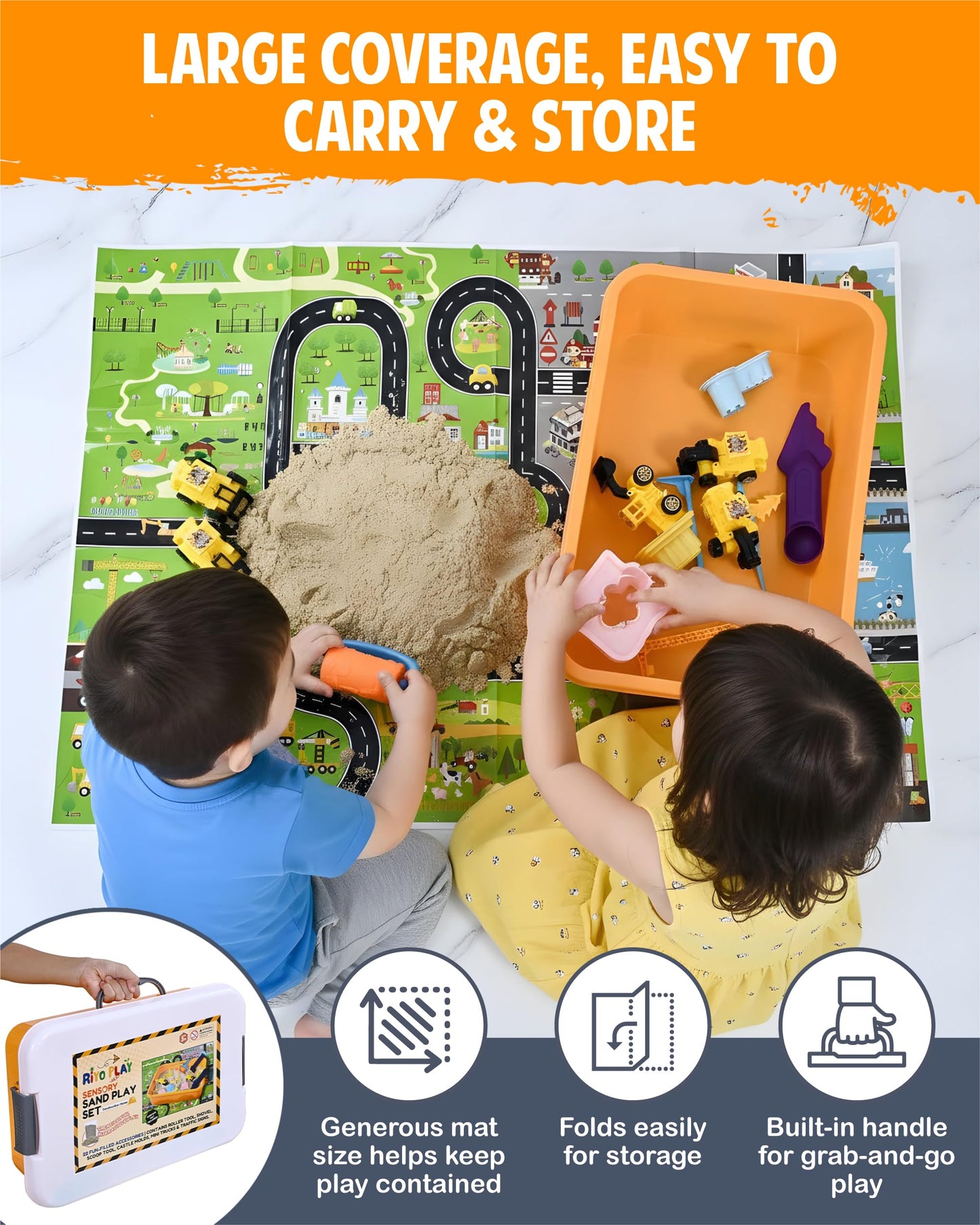 Riyo Play Construction Sensory Bin for Toddlers with 2-in-1 Play Mat & 2.8lbs Moldable Sand, Kids Sensory Bin with Lid & Handle, Toddler Sensory Kit Boys & Girls, Learning Activity, Gift Ages 3+