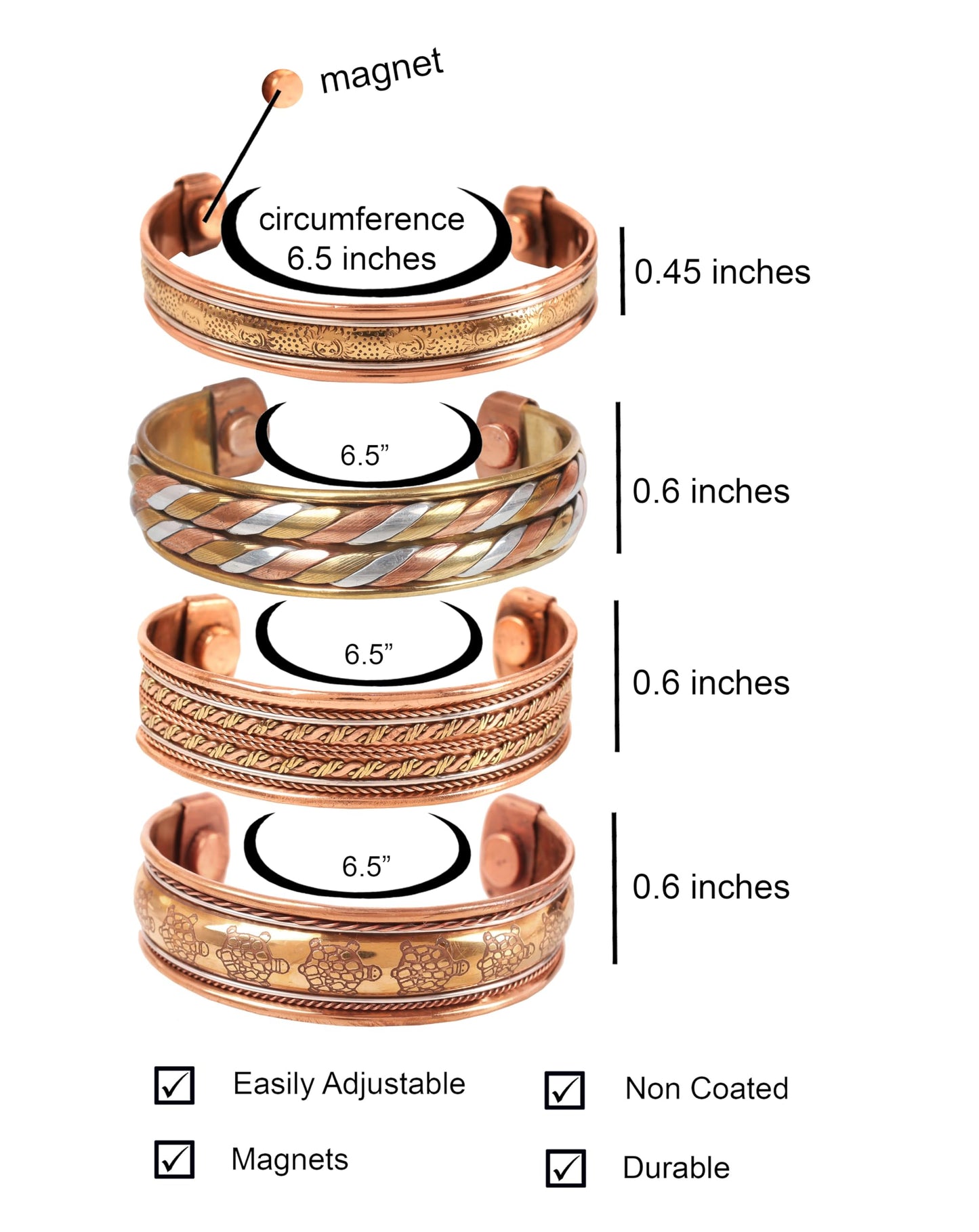 Touchstone copper bracelets | gift for men women |adjustable 100% pure solid real magnetic jewelry | handmade bracelet set combo | rope braided tibetan bangles. Set of 4 different designs