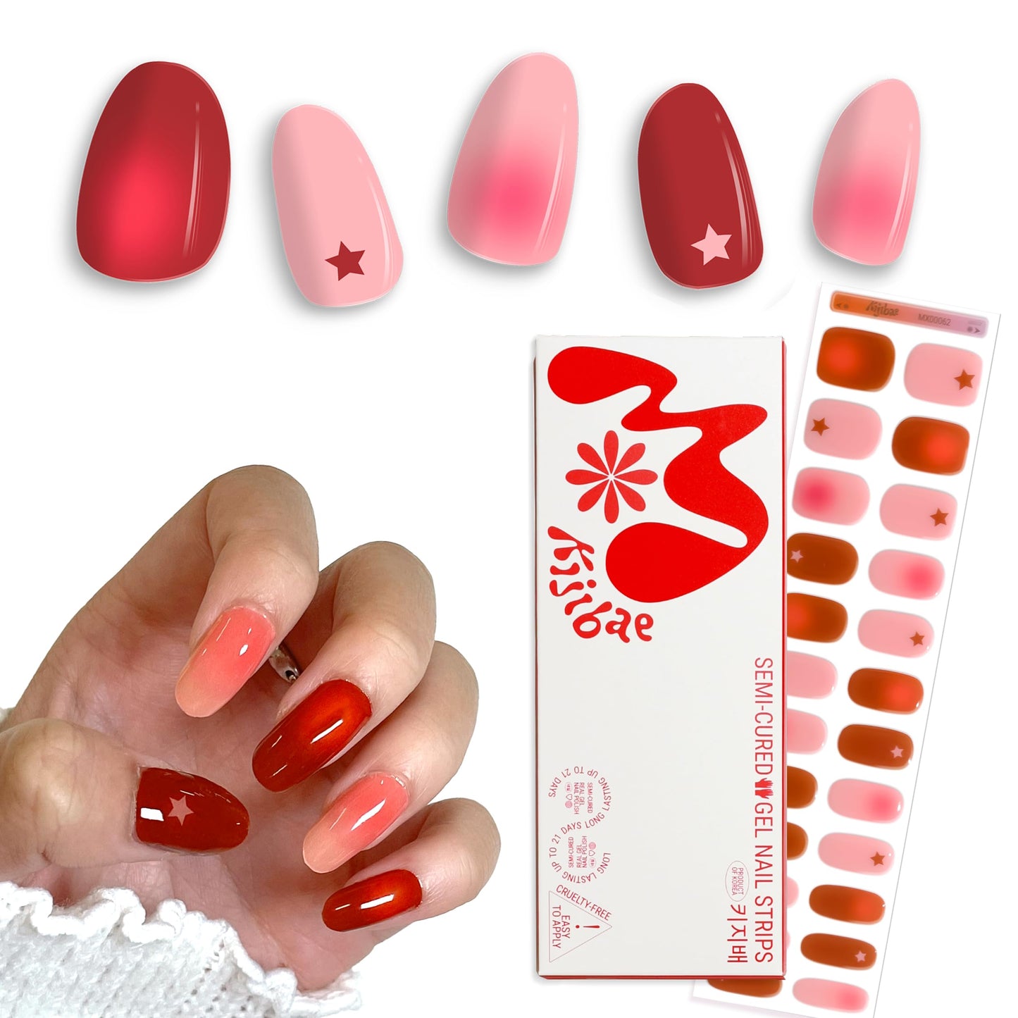 Kijibae Semi Cured Gel Polish Strips | 24pc UV LED Required Wraps | Gift Peel and Stick Nails | Coquette DIY Home Manicure | Press On Alternative (Star Burst)