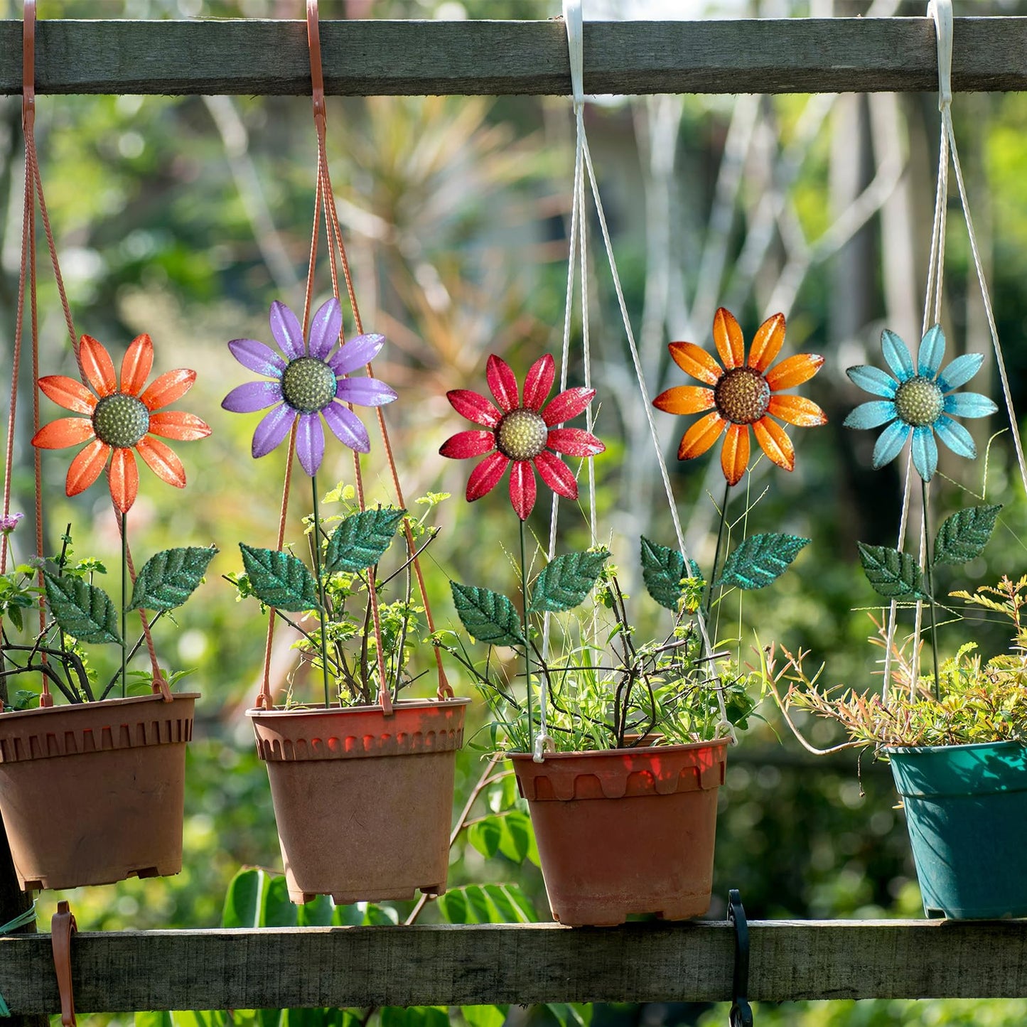 HUTHDAK Metal Flowers for Outside,5 Pack 16.15" Decorative Garden Stakes with Swaying Flowers Head Yard Art,Spring Garden Decor for Lawn, Pathway & Yard