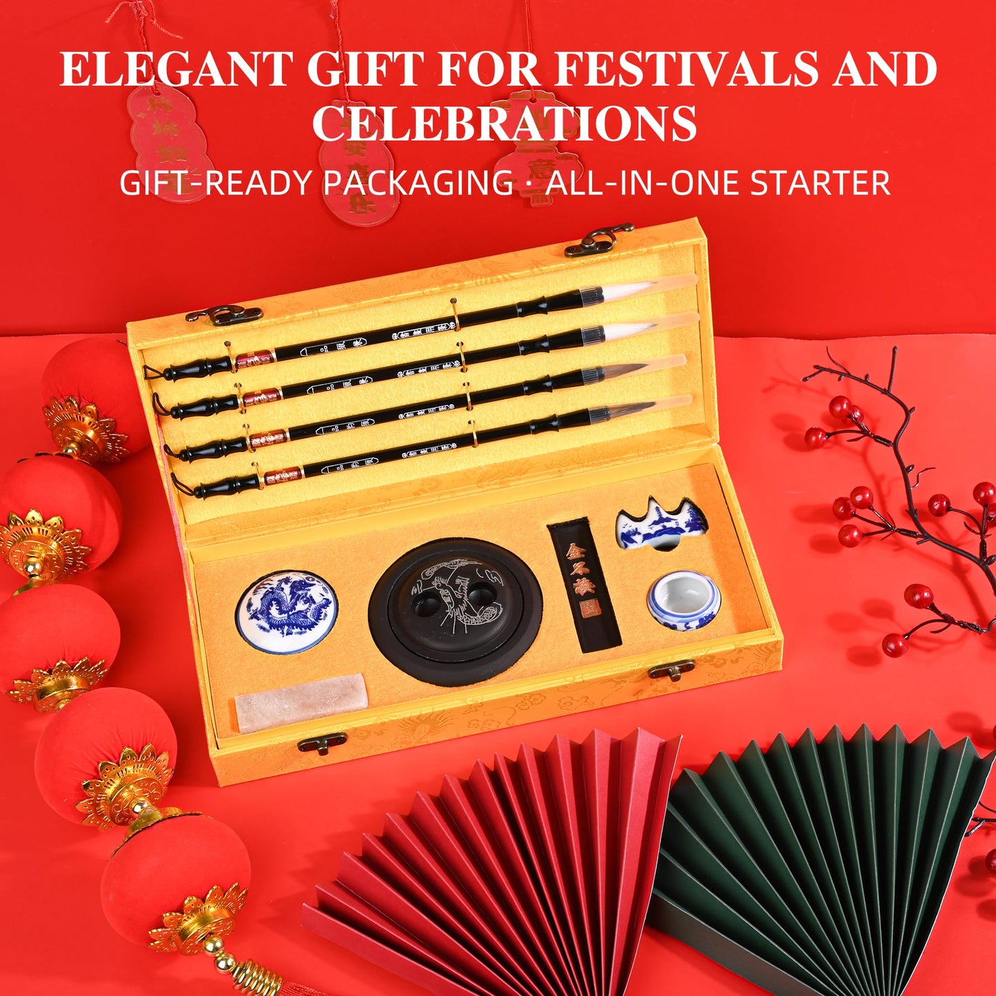 I-MART Chinese Calligraphy Set for Beginners with 4 Brushes, Ink Stone, Ink Stick, Red Ink Paste, Seal, Porcelain Water Bowl, Brush Holder, Calligraphy Kits for Beginners and Sumi Painting
