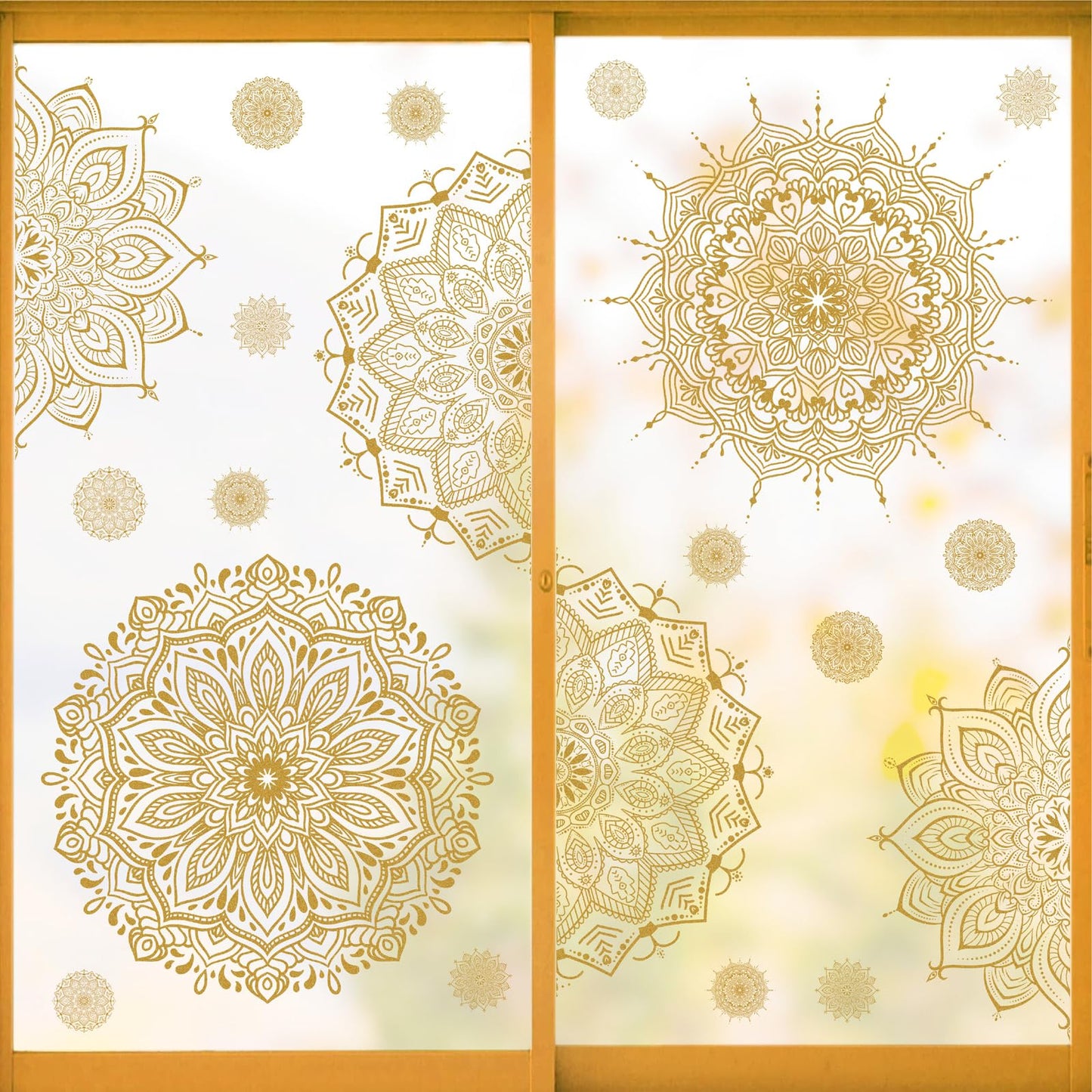 Kazova Gold Mandala Window Clings 22 Pcs 4 Sheets Double Sided Lotus Flower Window Stickers Vinyl Cling Non Adhesive Reusable Window Decals for Glass