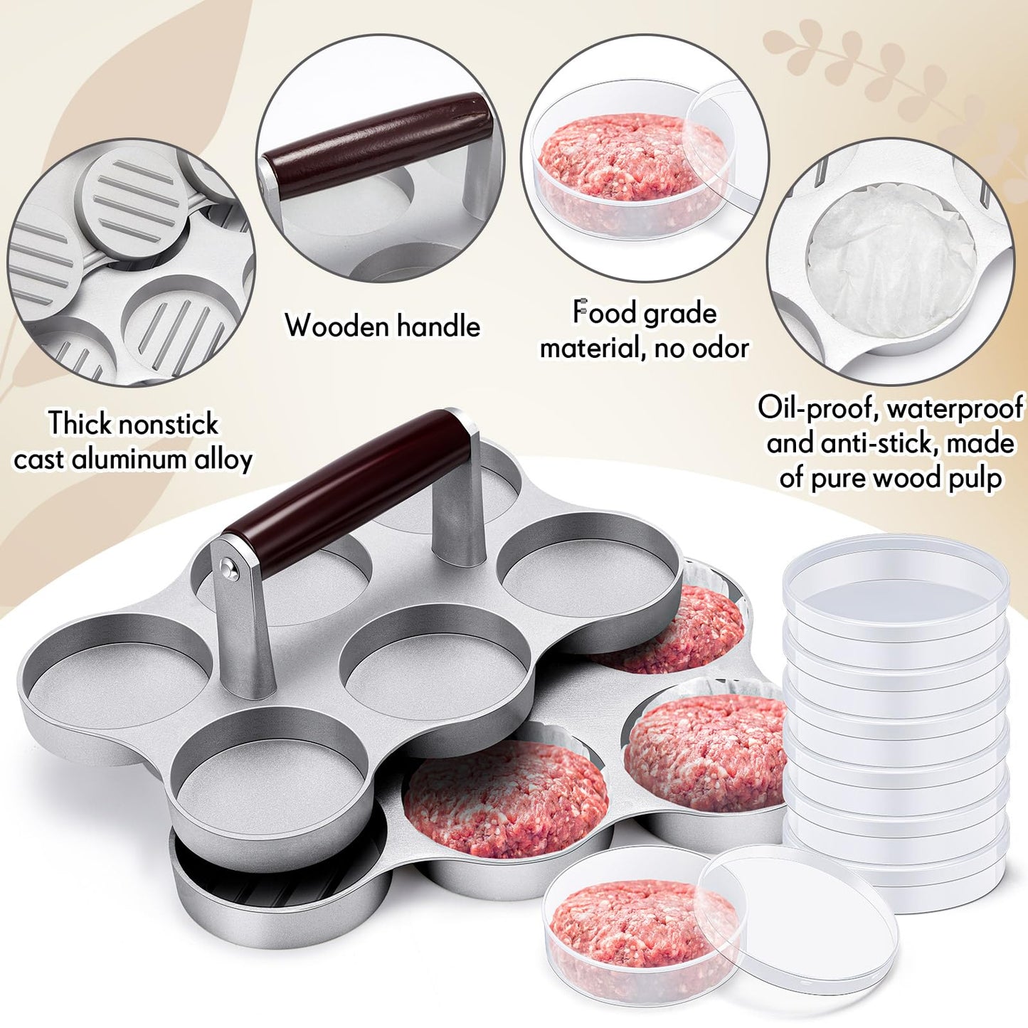 Reallnaive Mini Burger Press with 200 Patty Papers and 6 Storage Containers 6 Slots Meat Sausage Patty Maker Paper Sheets Set for Small Burger Barbecue, Make 6 Pieces at Once