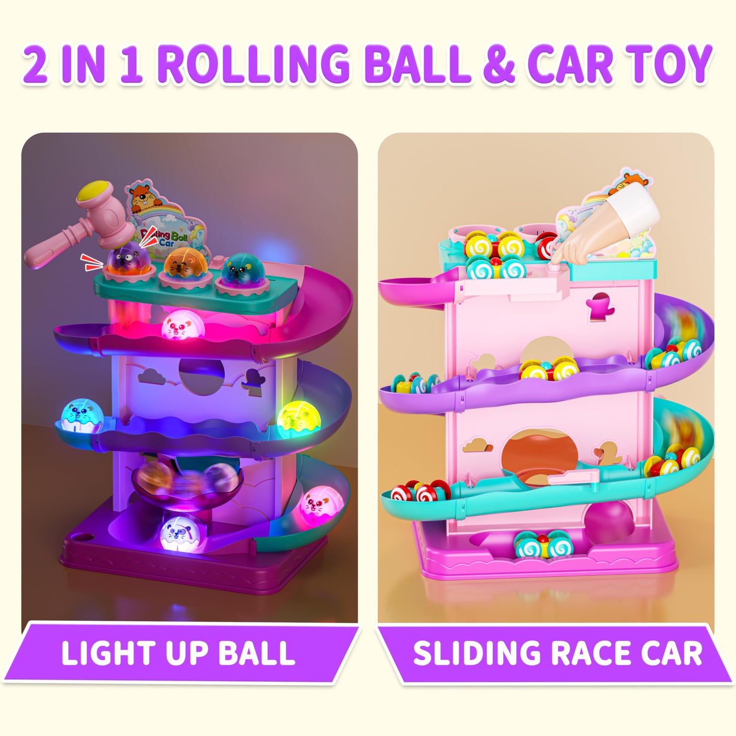 Funwee 2-in-1 Rolling Ball & Racing Car Ramp Toy for Toddlers, Race Track Hammer Lights Ball Drop, Interactive Montessori Learning Game Birthday Gift Idea for Kids 1 2 3 4 5+Year Old Girl Boy(Pink)