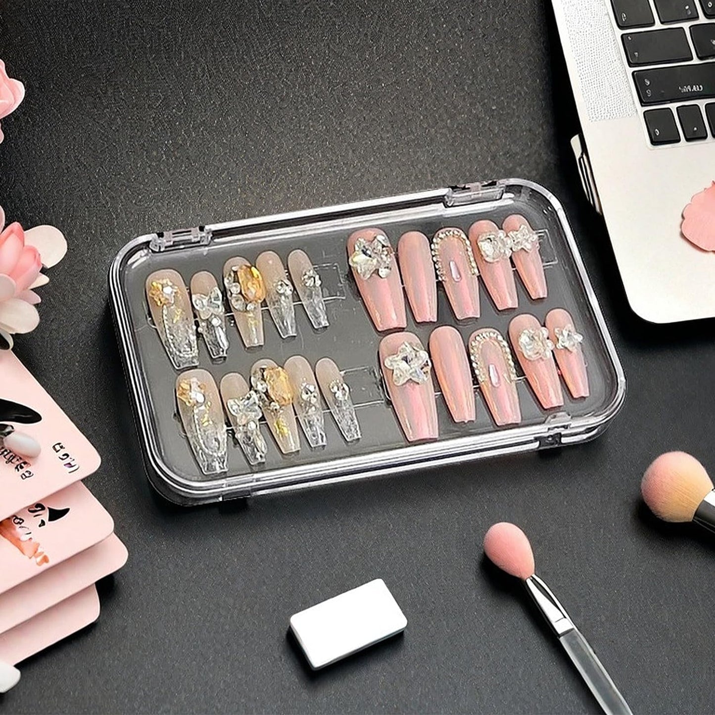 Oskrieel Press on nail storage Large Acrylic Nail Storage Box - Portable Versatile Organizer for Press - On Nails, Jewelry and More with 90 Pcs Adhesive Double Sided Tape 12 PCS