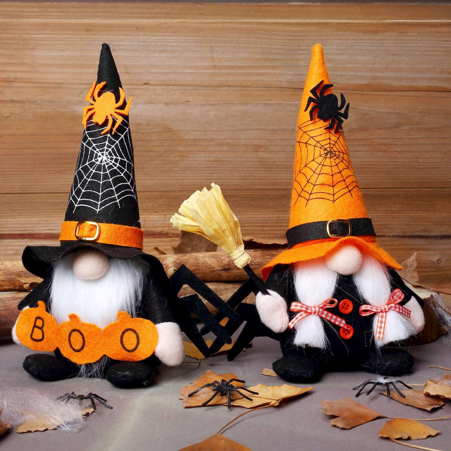Ni-JASW Halloween Plush Gnomes Set of 2, Spooky Orange Black Spider Web Swedish Tomte Elf Figurines for Tiered Tray Home Decor