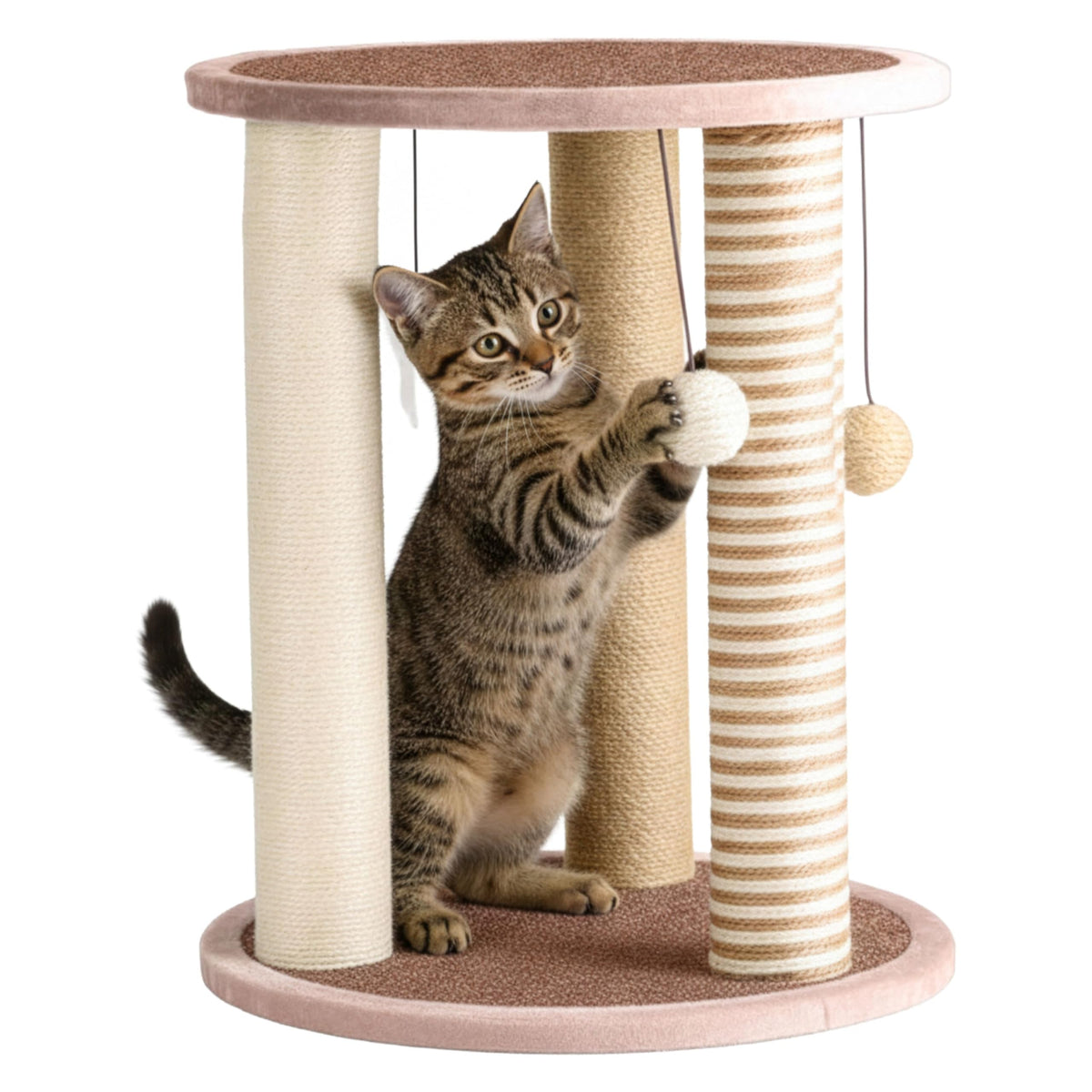Cat Scratching Post - 3 Scratcher Posts with Carpeted Scratch Pad Base and Perch - Furniture Scratching Deterrent for Indoor Cats by PETMAKER (Gray)