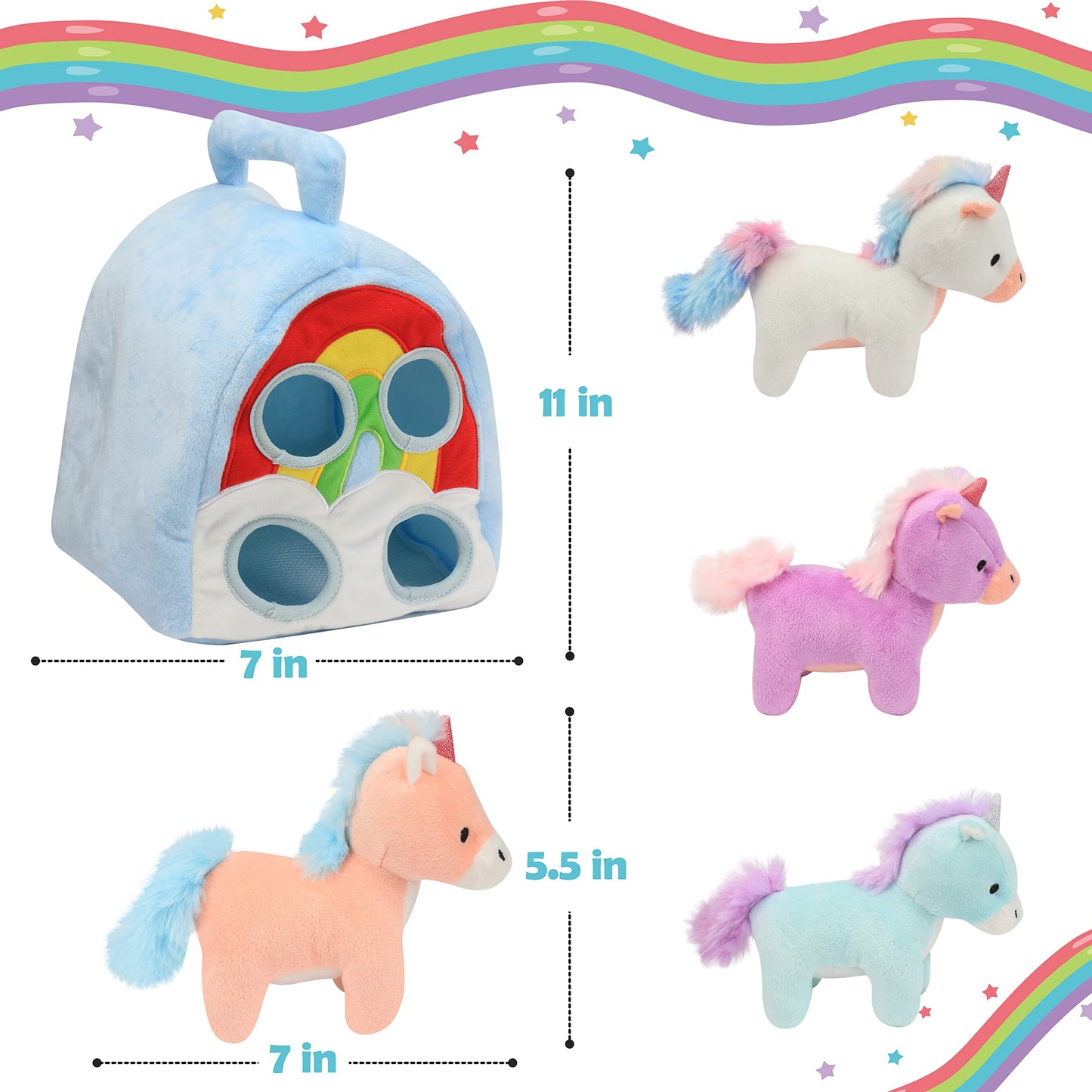 Hopearl Magic Unicorn House Interactive Plush Toy Set Fun Playhouse for Toddlers Early Learning Educational Gift for Kids Cute Pony Hide & Seek Game, 11''
