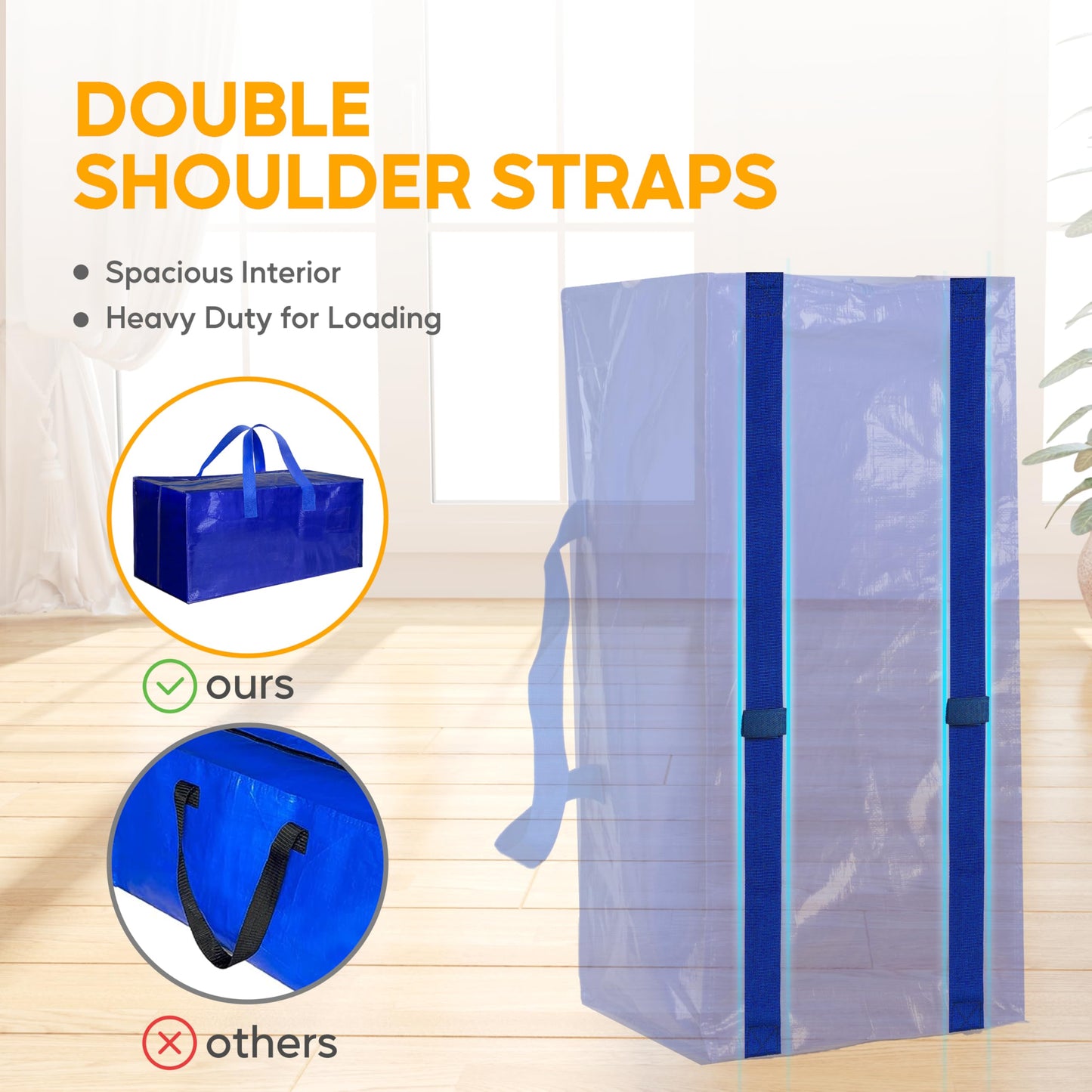 4 Pack Oversized Heavy Duty Moving Bags with Backpack Straps, Strong Handles & Zippers, Extra Large Storage Tote Moving Boxes for Space Saving, Blue