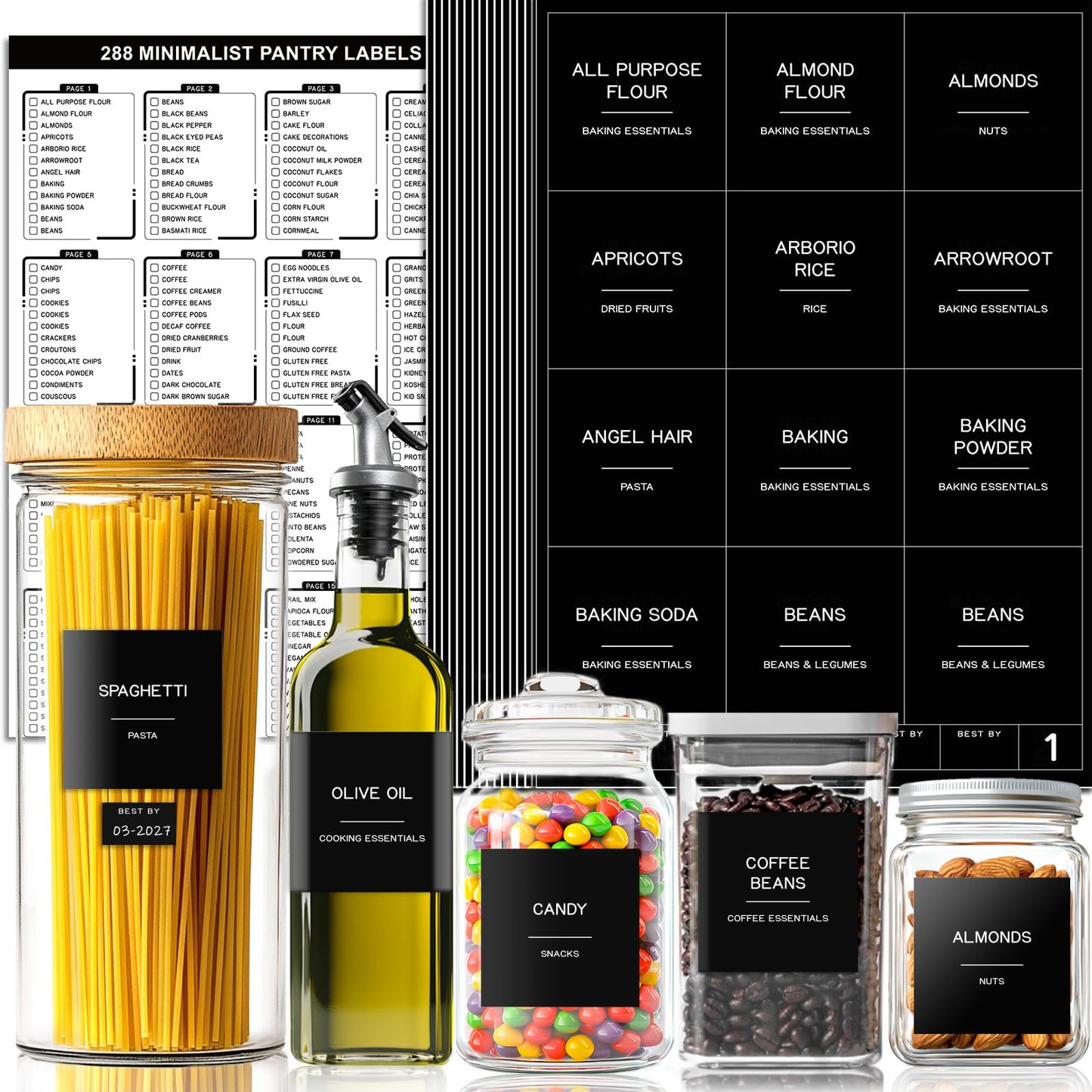 Kuocodall 288 Pantry Labels for Food Containers, Black Preprinted Minimalist Waterproof Stickers for Organizing Storage Bins, Jars and Kitchen