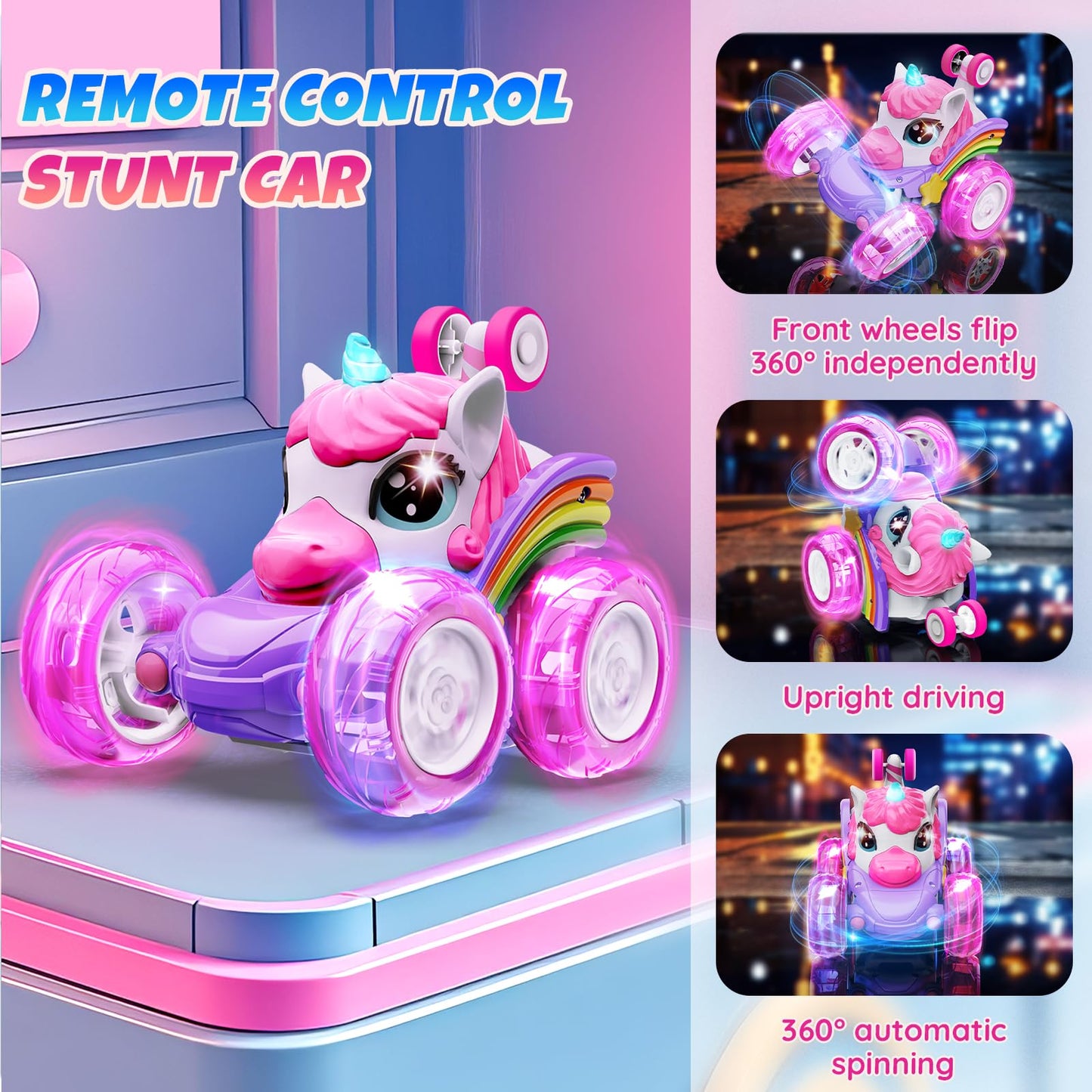 Motivekit Unicorn Remote Control Car Toys for Girl - 360° Rotating Pink RC Stunt Cars 4WD Remote Cars for Kids, 2.4GHz Toy Car with LED Lights, Birthday Gift for 3 4 5 6 7 8 9 Year Old Girl