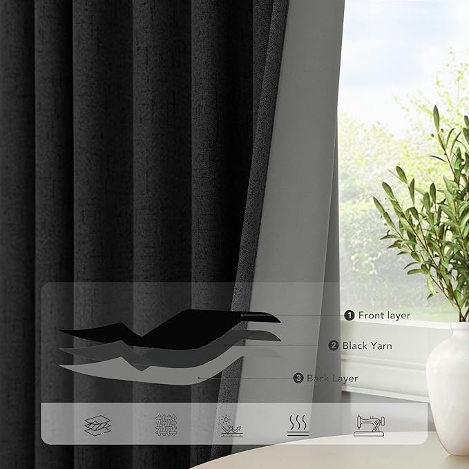 Pitalk 54 Inch Blackout Curtains Length 2 Panels Set Back Tab Pocket Room Darkening Insulating Thermal Short Sunblock Solar Soundproof Black Dark Out Curtains for Bedroom Nursery Man Cave 52x54 Long