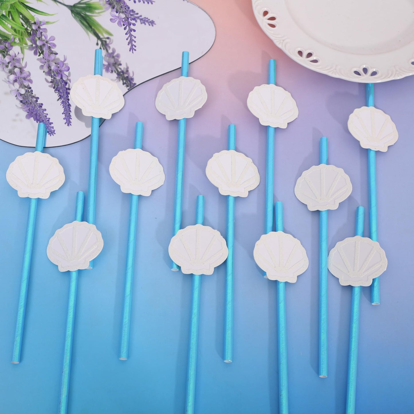 12Pcs White Shell Blue Straws - Ocean Birthday Wedding Decorations,Shell Disposable Drinking Paper Straws,Last Toast on the Coast Party Decorations,Seashells Bachelorette Party Centerpieces