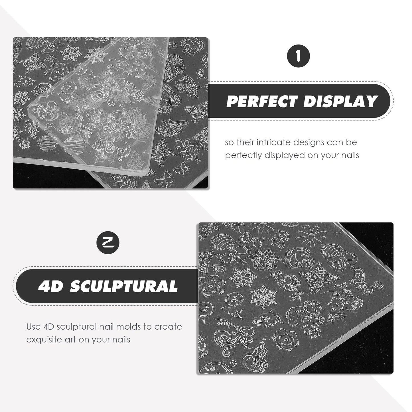 FRCOLOR Nail Art Silicone Stamping Plates 2 Pcs 3.14X2.36 Inch Nail Template Set with 3D Embossed Patterns for DIY Manicure Pedicure Art Molds