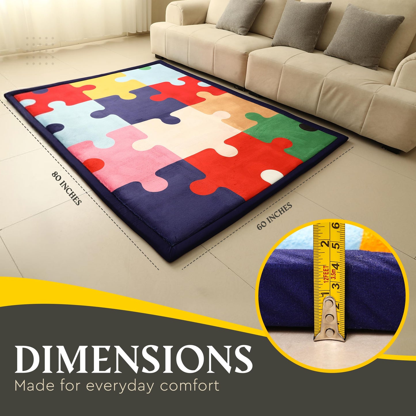 Halaluxe Baby Play Mat 60"x80" Extra Thick (1.4") | Memory Foam Crawl Mat for Infants & Toddlers | Non-Slip | Waterproof | Tummy Time | Puzzle Print Floor Rug