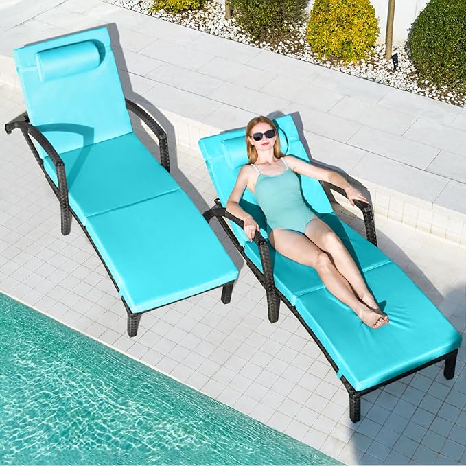 Chaise Lounge Chairs Outdoor Set of 6, Comfy Outside Wicker Patio Pool Lounge Chair w/ 5 Adjustable Back Angle, Cup Holder, Thicken Cushion