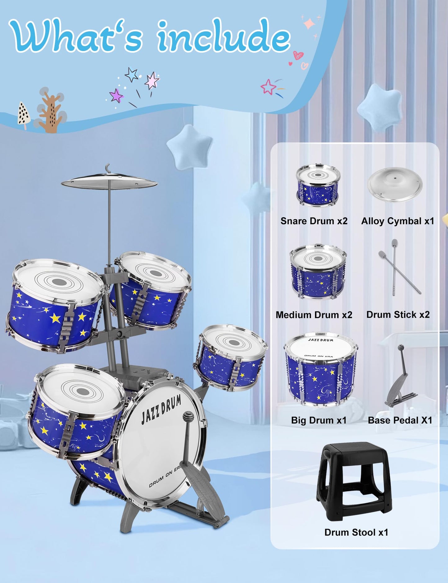 Upgraded Kids Drum Set for Toddlers Plastic Musical Jazz Drum Instruments Kit Birthday Musical Learning Toys for 4 5 6 Boys Girls, Starlight Blue