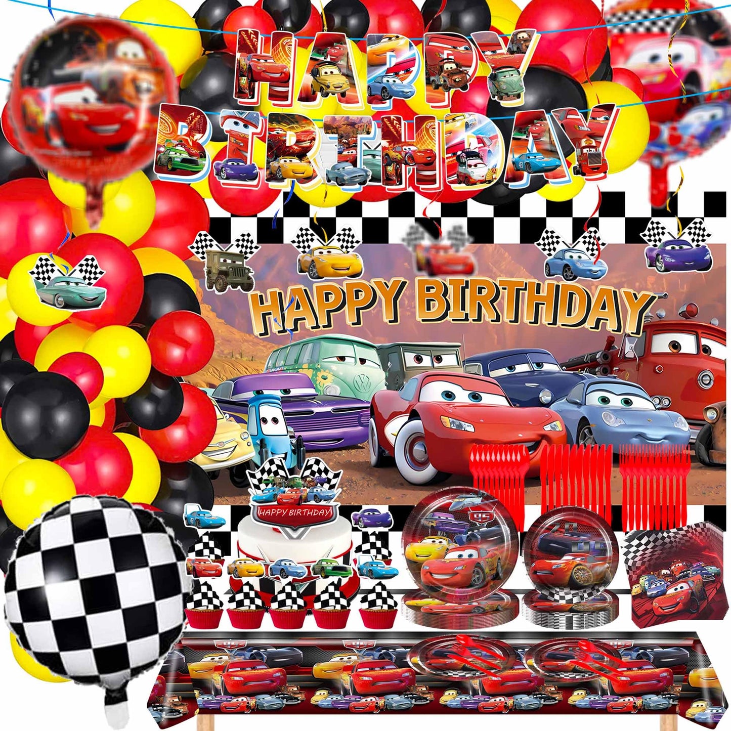 Cartoon Birthday Decorations, Cartoon Party Decorations Set with 90 PCS Balloon Garland, Backdrop, Paper Tableware, Tablecloth, Banner