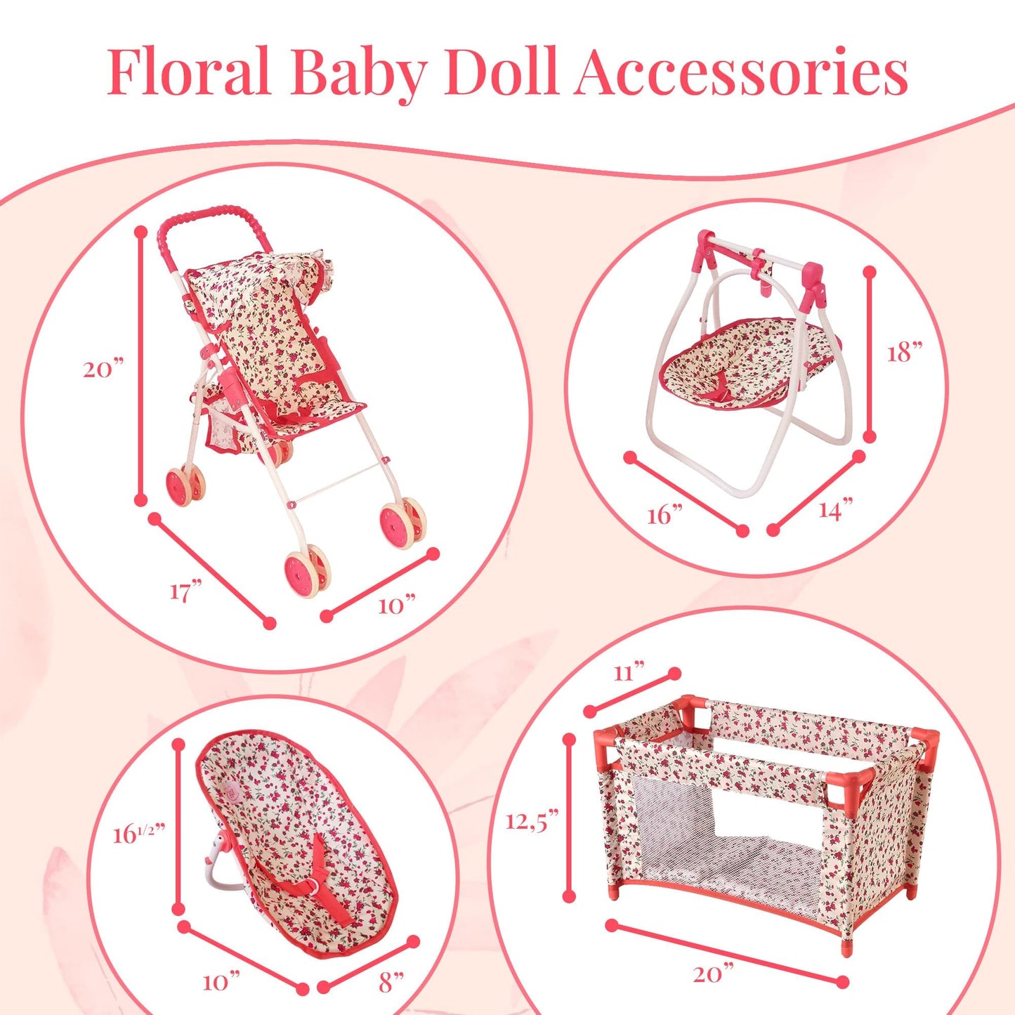 Deluxe Baby Doll Stroller and Crib Furniture Playset, Multi Baby Doll Accessories Set for 18" Dolls, Includes Doll Stroller Swing and Doll Bed Pretend Play for All Dolls - Floral