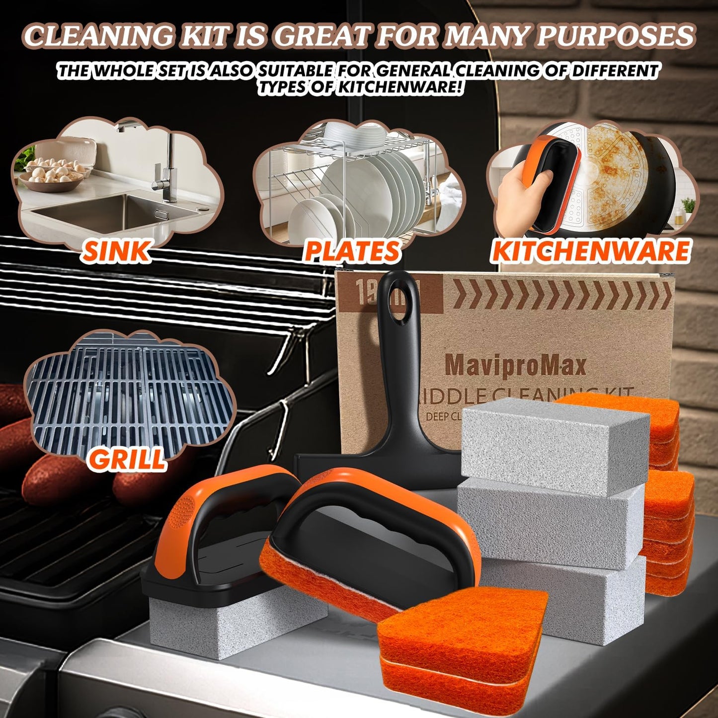 19 in 1 Griddle Cleaning Kit for Blackstone Accessories, Flat Top Grill Cleaning Kit w/Griddle Scraper, 4 Grill Stone, Griddle Brush Easy to Remove Stain - 5060