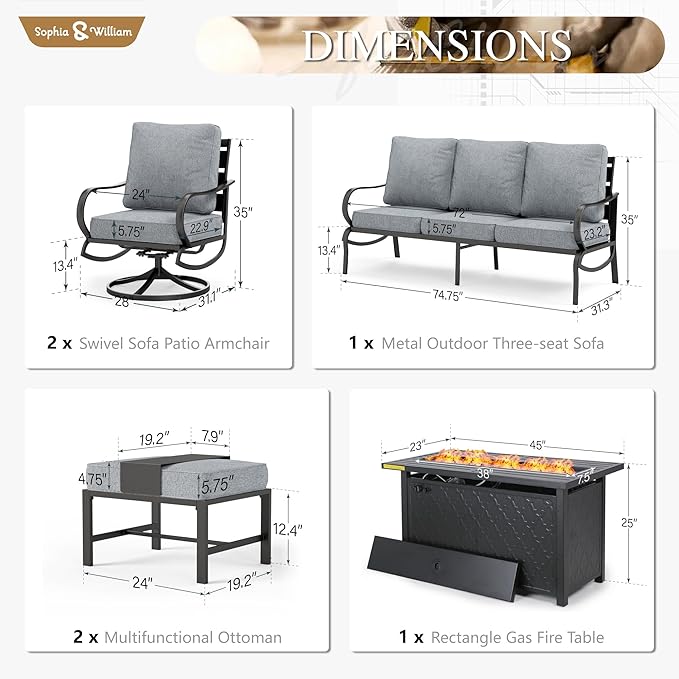 Sophia & William Patio Furniture Sets with 45" Gas Fire Pit Table for 7 Outdoor Conversation Sets 6 Pcs, 2 x Swivel Cushioned Sofa Chairs, 1x3-Seat Sofa, 2xOttomans for Backyard Poolside Grey