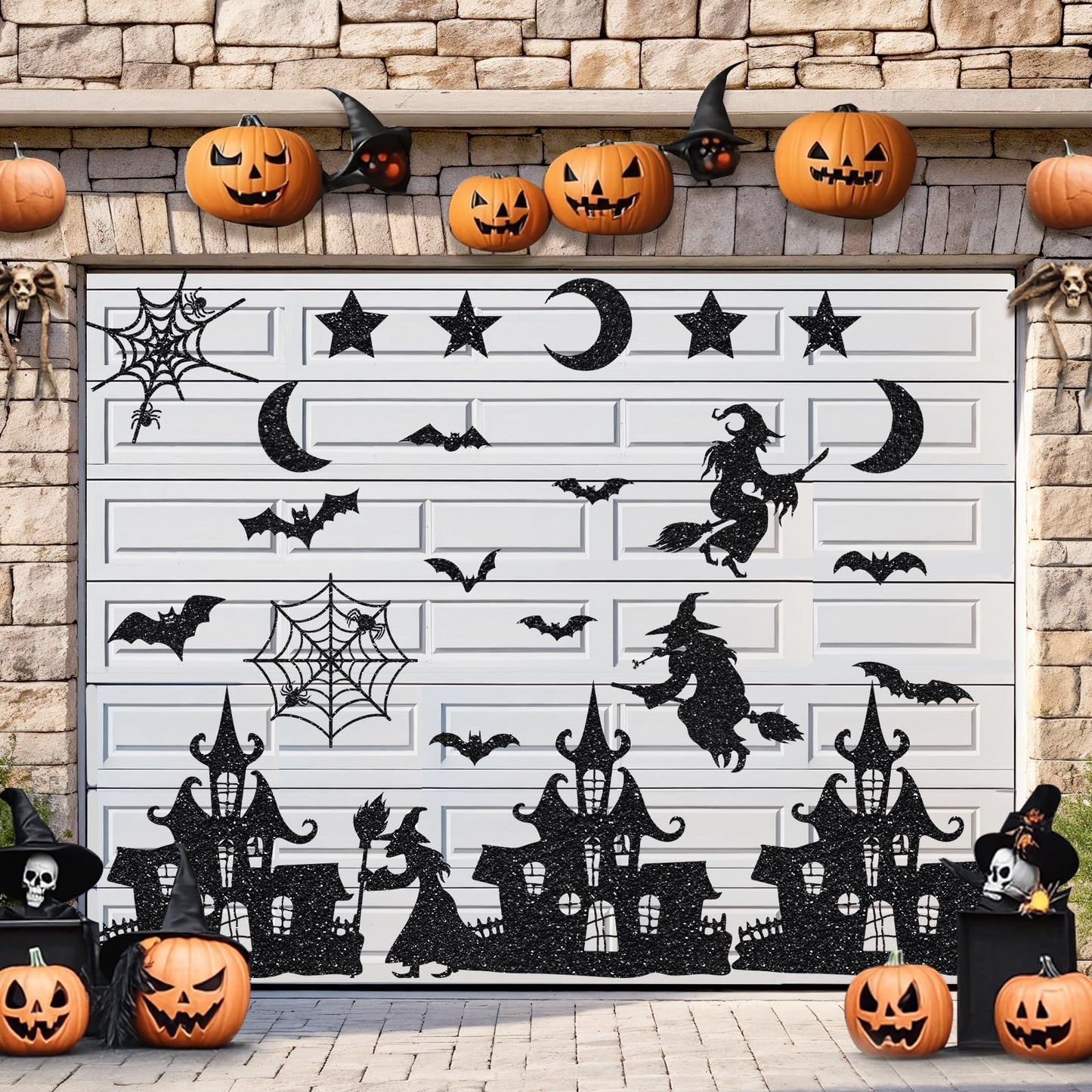 24PCS Glitter Black Halloween Witch Bats Magnetic Stickers Spider Web Castle Refrigerator Decal Outdoor Magnets for Fridge Garage Door Car Decor