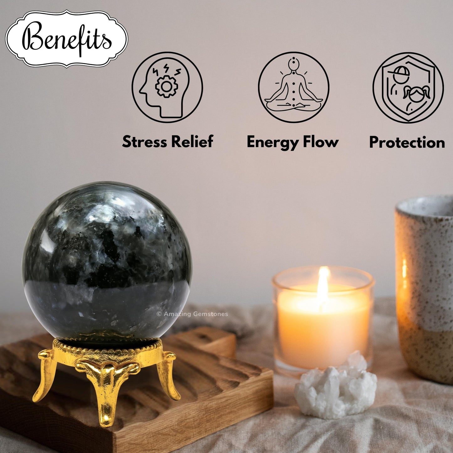 Amazing Gemstone Larvikite Crystal Ball with Stand - 2" Inches Crystal Sphere Meditation Balls for Witchcraft and Decorative Balls
