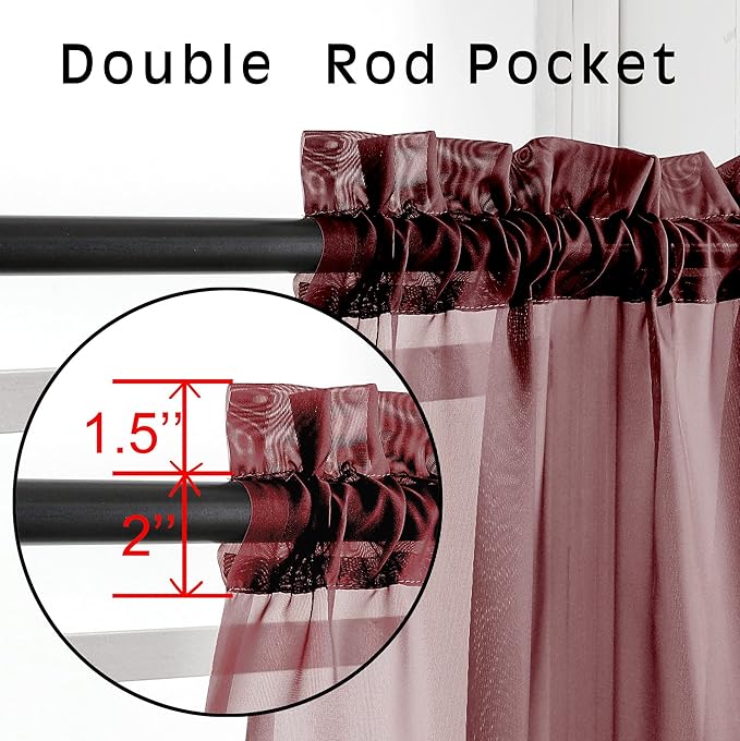 OVZME Burgundy Sheer Curtains 63 inch Length 2 Panels Set for Christmas, Elegant Light Filtering Airy Burgundy Voile Window Treatments, Each is 42W x 63L