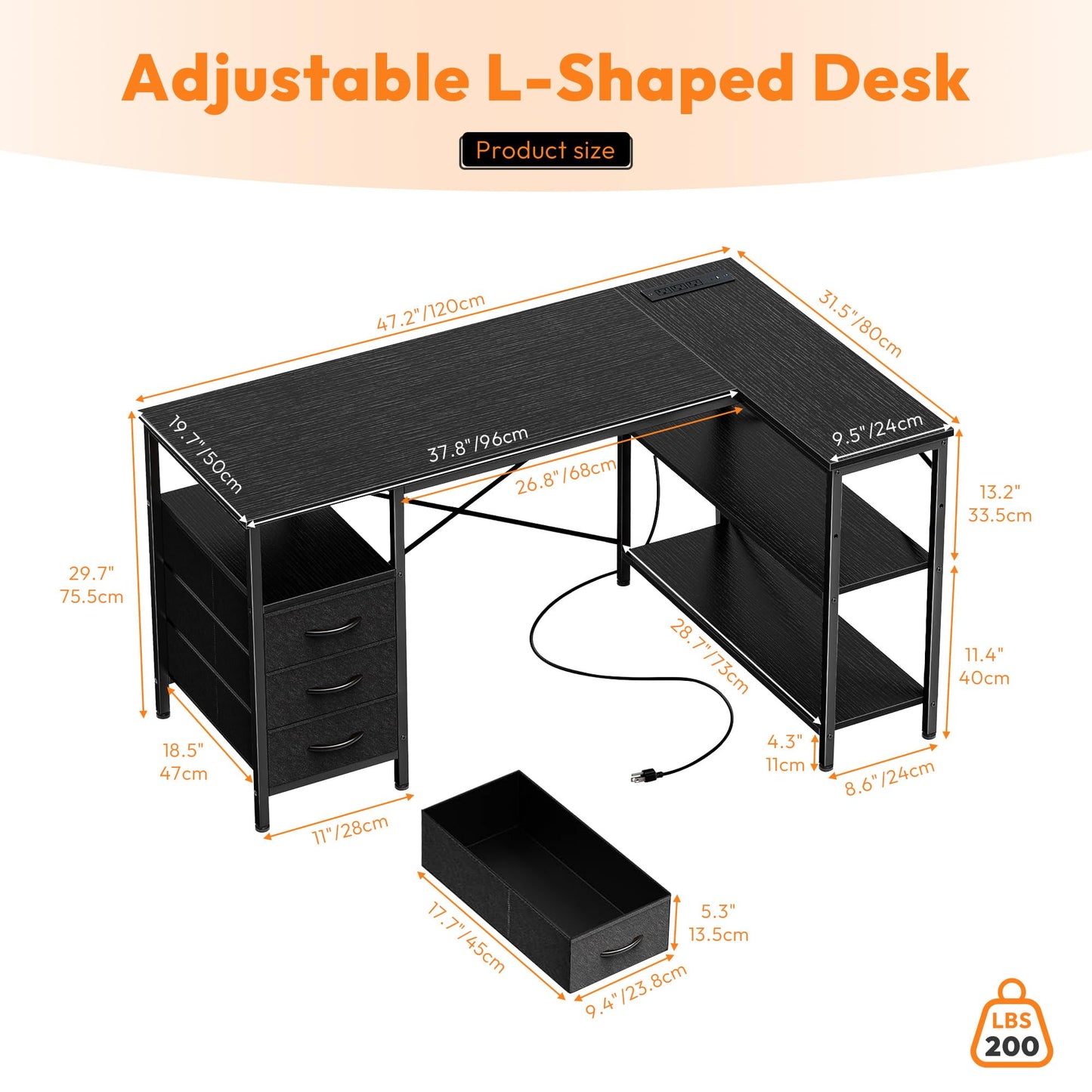 Alpen Computer Desk with Drawers, L Shaped Desk for Bedroom with Power Outlets, Gaming Table with 3 Drawers and Shelves, Corner Desk for Gaming, Study Writing PC Table, 47 Inch, Black