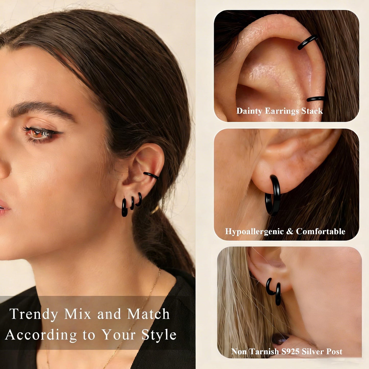 DORANA Black Earrings for Women Non Tarnish Small Huggie Earrings 925 Hypoallergenic Cartilage Stackable Sleeper Hoops Black Stacks Sets for Multiple Piercing,3 Pairs
