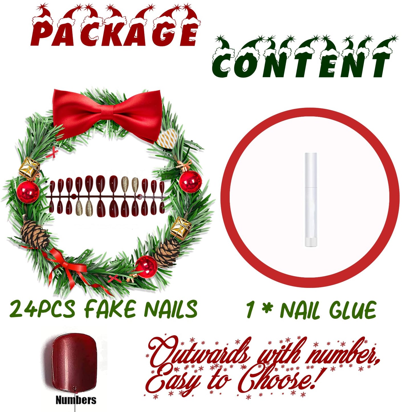 BABALAL Medium Almond Press on Nails, Burgundy Red Acrylic Nails with Gold Glitter Design, 24Pcs Glossy Full Cover Glue on Nails Manicure