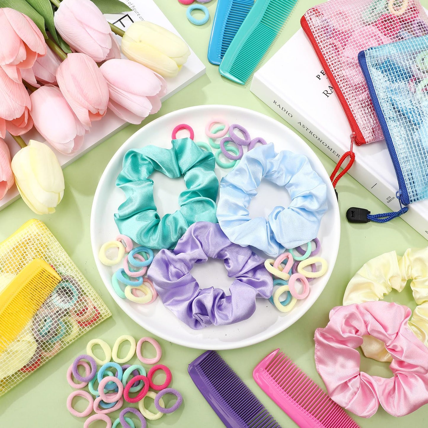 Suncalla 1150 Pcs 50 Set Operation Christmas Box Gifts Bulk Stain Scrunchies Mini Comb Small Hair String and Mesh Zipper Storage Bags Ideal for Operation Christmas Charity Box Volunteers Organizations